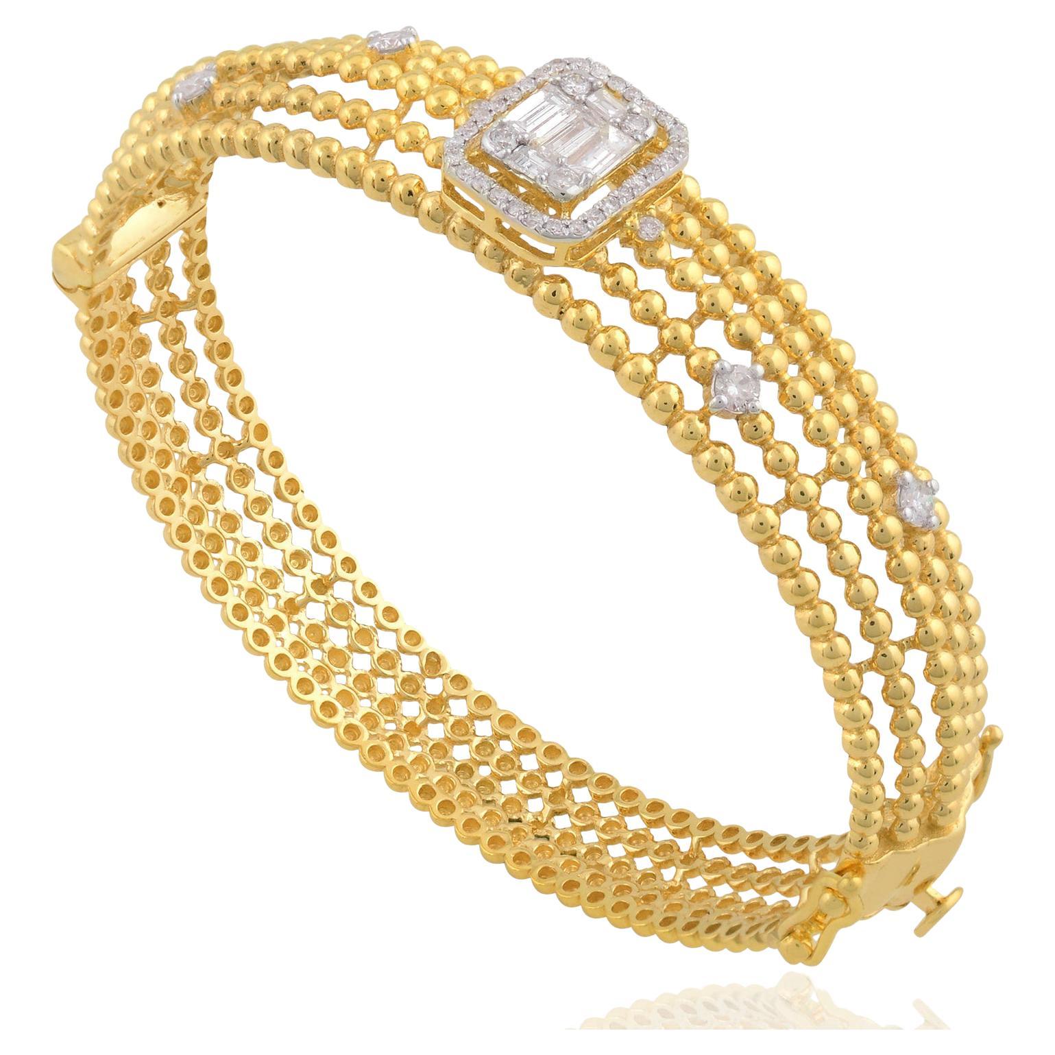 Beaded 14 Karat Gold Diamond Sunlight Bangle Bracelet  For Sale