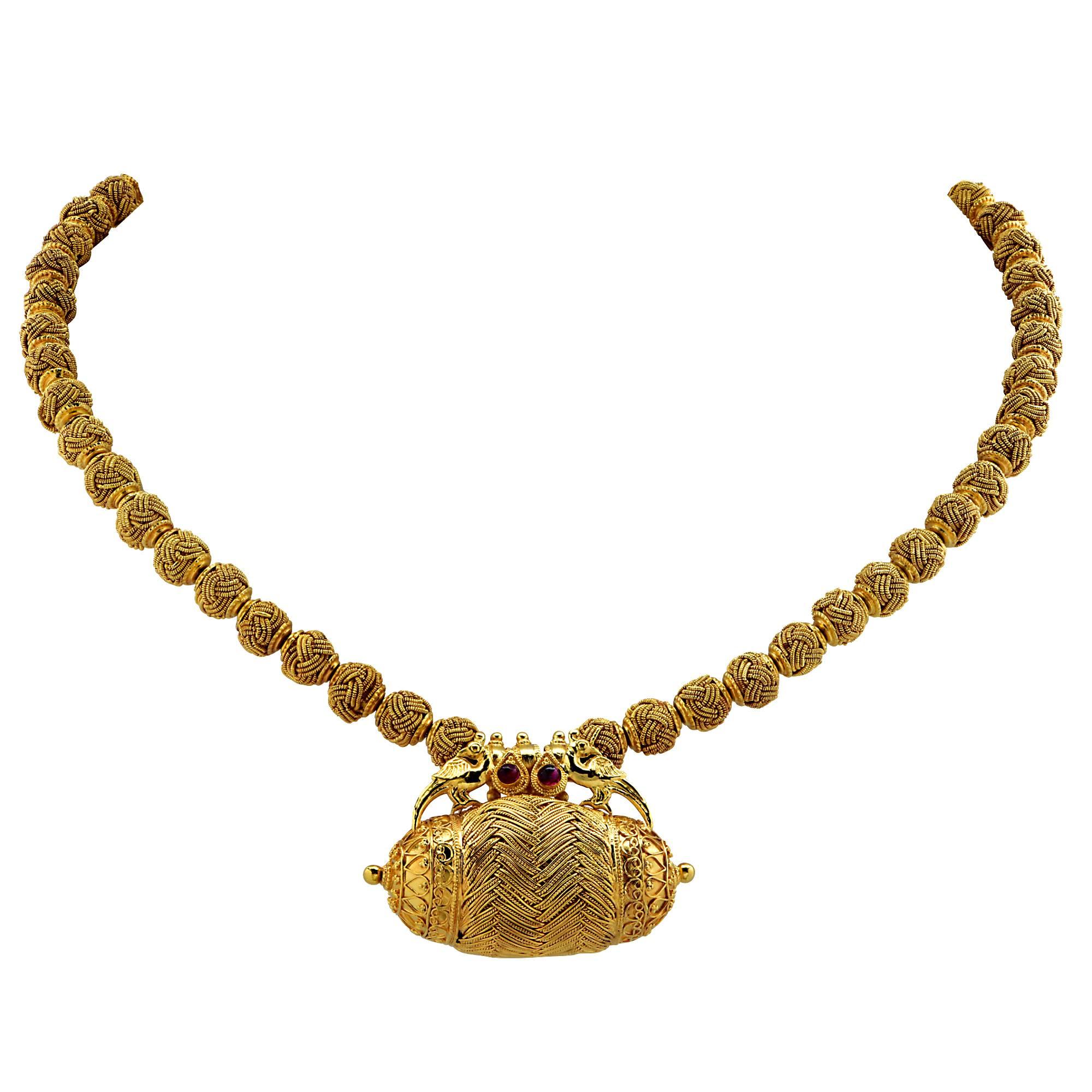 Beaded Amulet and Birds 22 Karat Yellow Gold Necklace