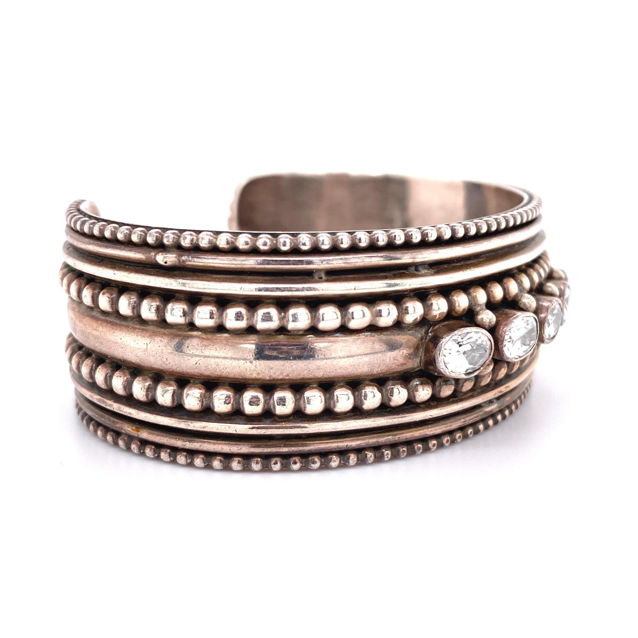 Oval Cut Beaded and CZ Crystal Sterling Silver Cuff Bangle Bracelet Estate Fine Jewelry For Sale