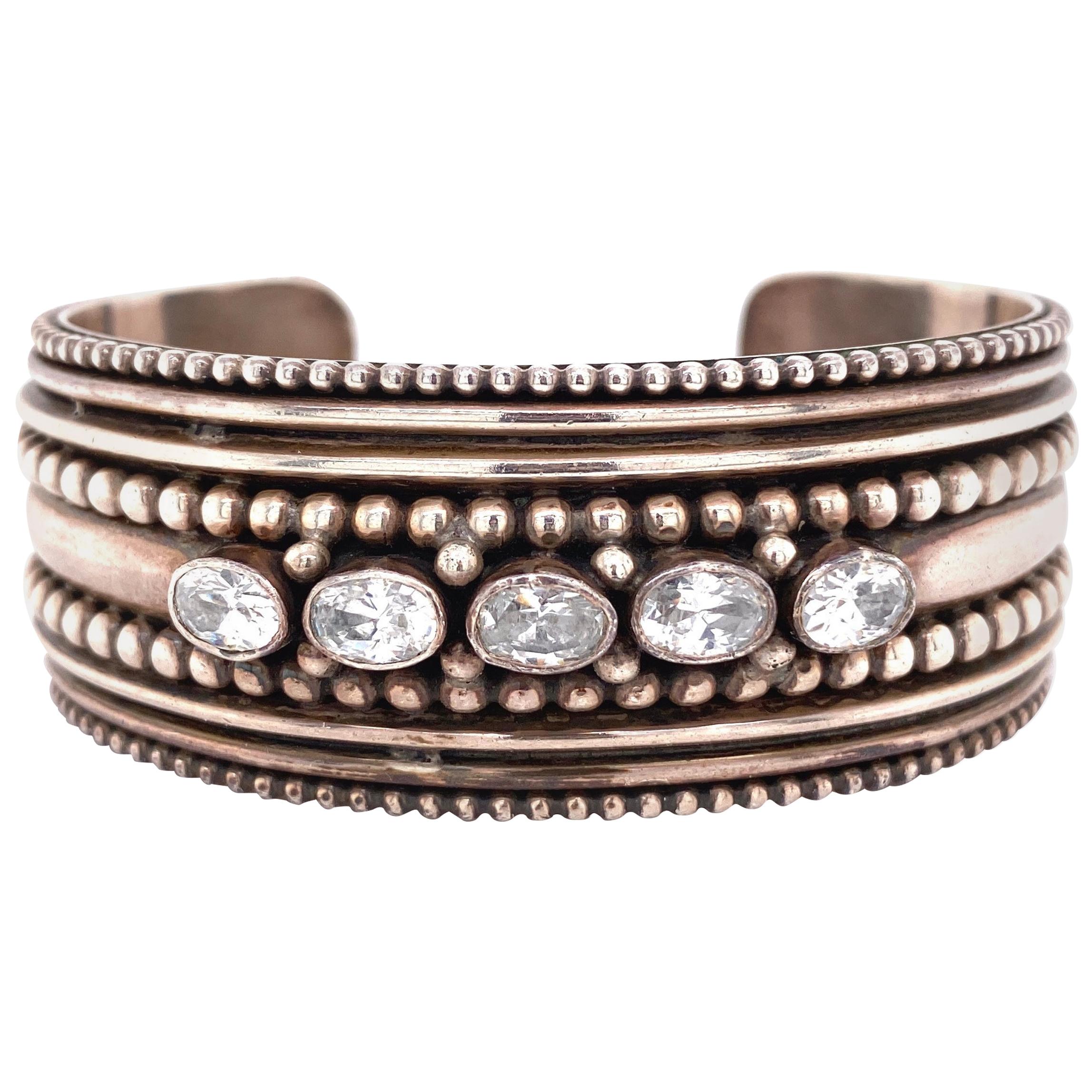 Beaded and CZ Crystal Sterling Silver Cuff Bangle Bracelet Estate Fine Jewelry