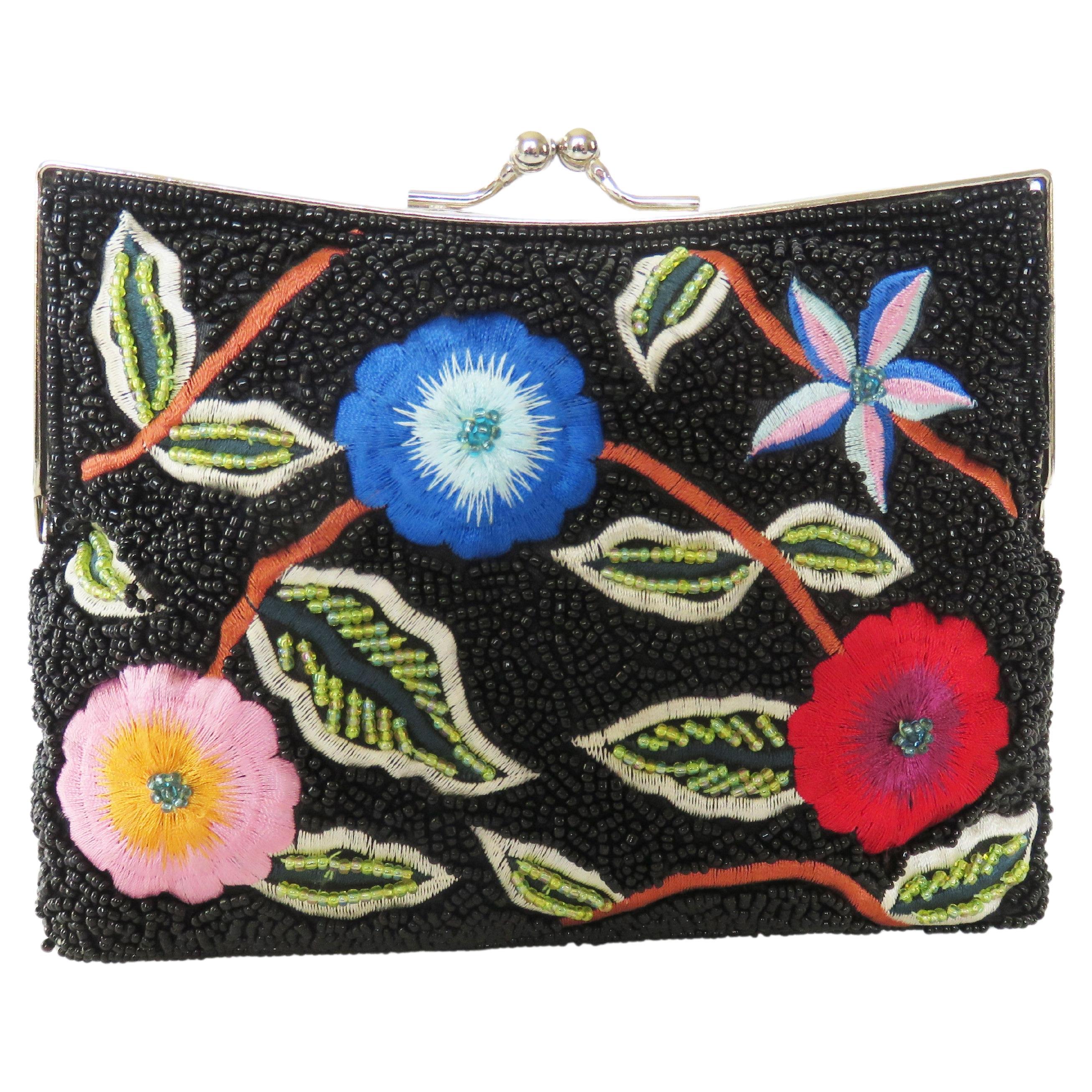 Beaded and Embroidery Clutch with Optional Chain Shoulder Strap 1980s For Sale