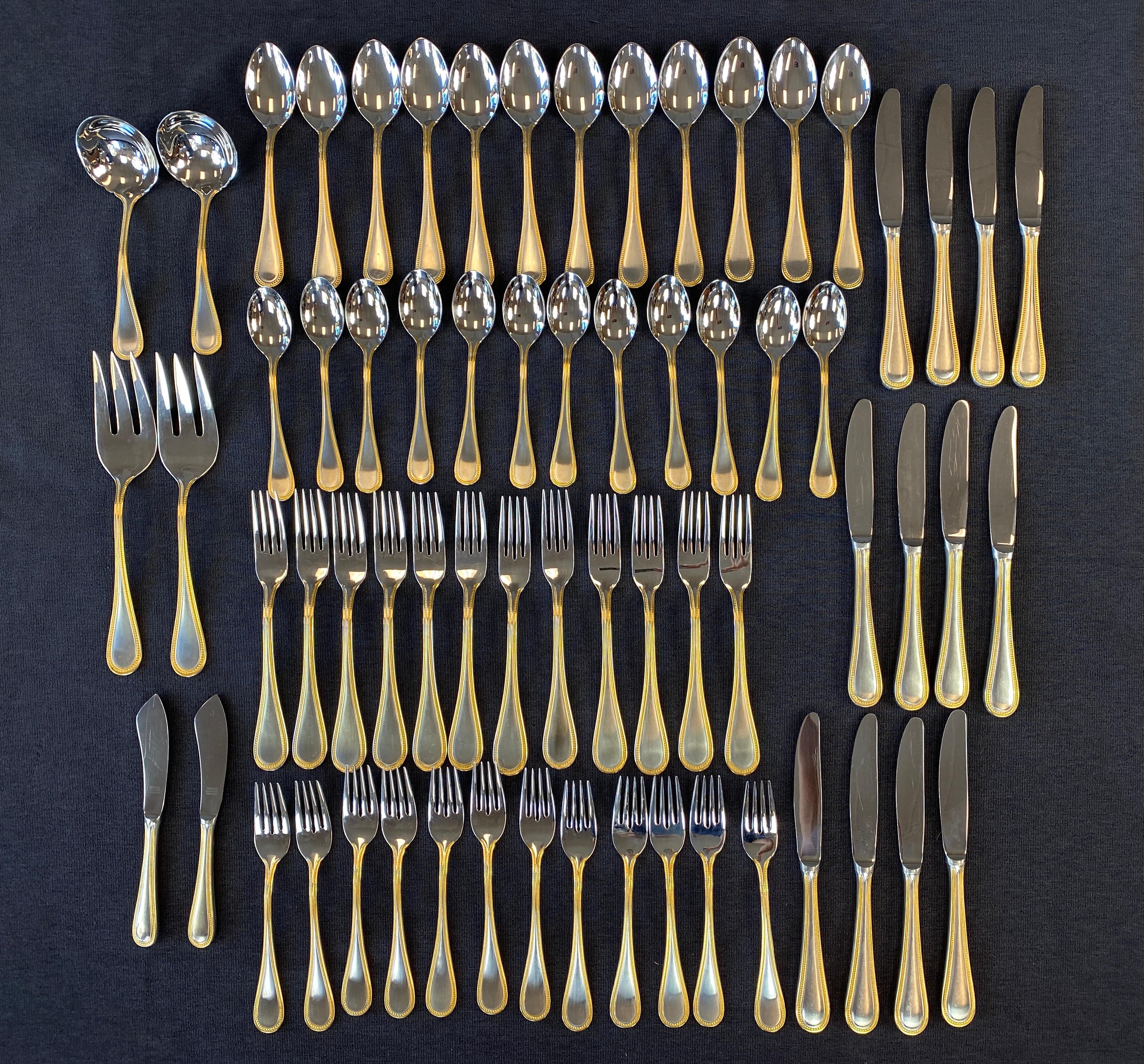 Offered here is a 66 piece set of beaded antique gold by Towle silver 18/8 stainless steel service for 12
German made, circa 1979. Originally purchased at 