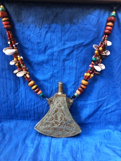 Antique Moroccan Flask - Etched Silver, Copper, Brass with Gemstone Necklace