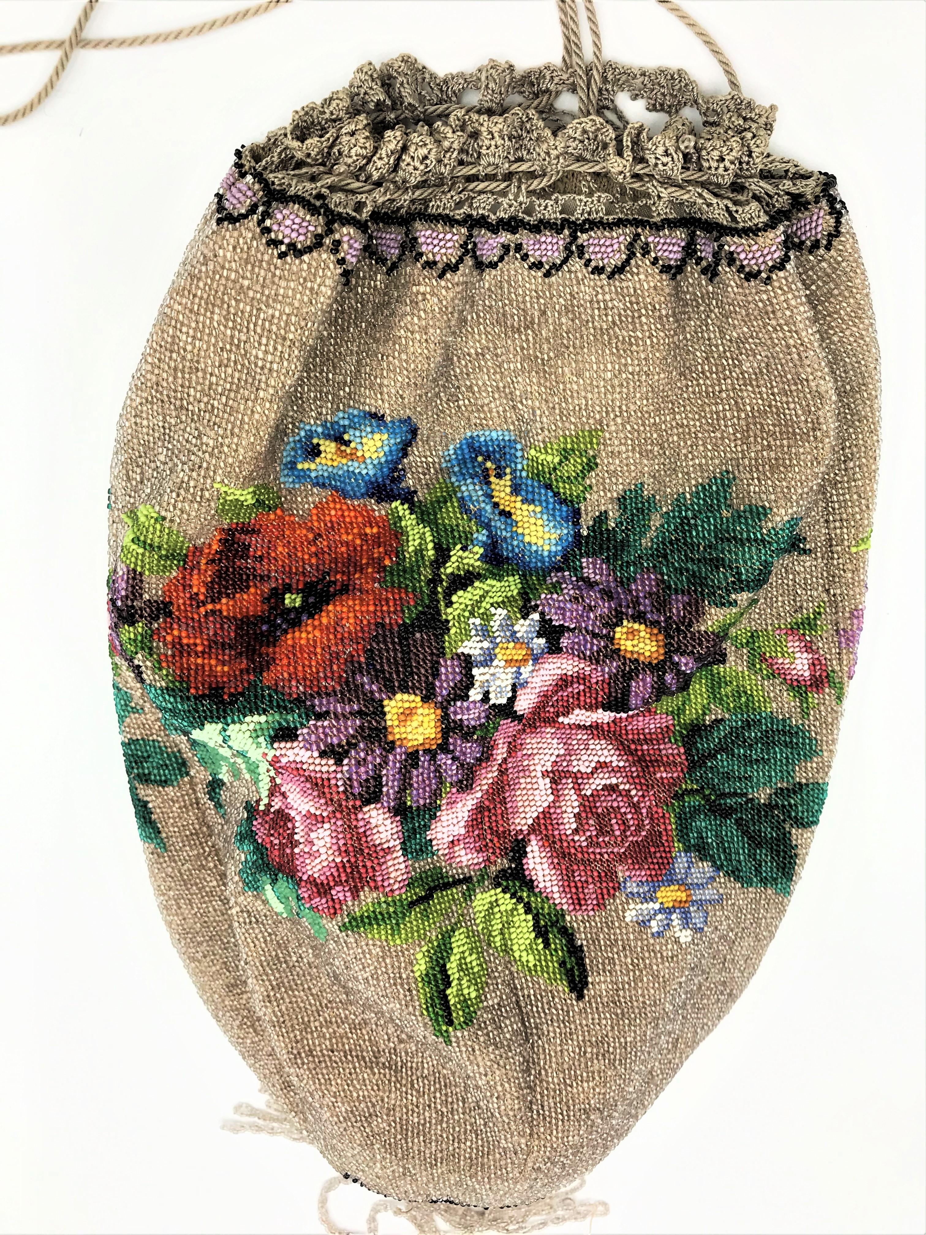 Perlenbesetzte antike Pompadur-Tasche biedermaier Deutschland (Braun)