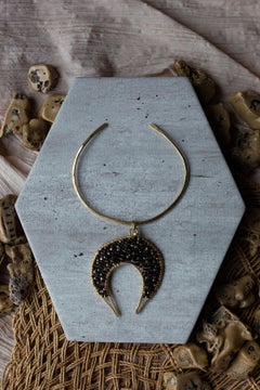 Black Beaded Multicolor Crescent Moon Pendant Gold Choker Necklace