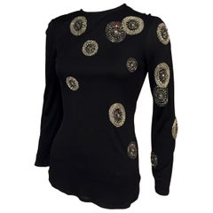 Beaded Black Jersey Top Asymmetrical Design of Rhinestones and Bugle Beads 