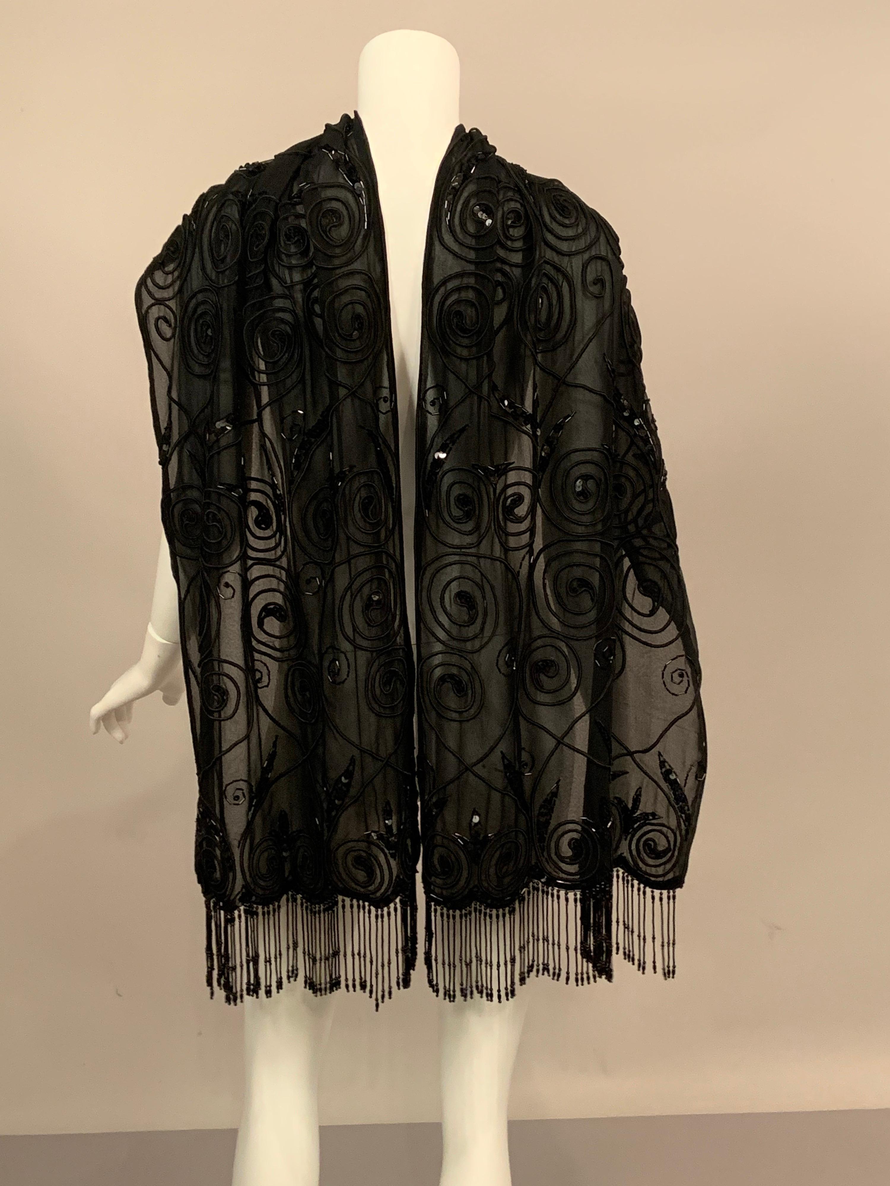 Beaded Black Silk Chiffon Shawl with Soutache Braid Trim and Beaded Fringe In Excellent Condition In New Hope, PA