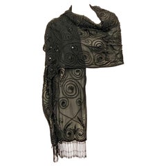 Vintage Beaded Black Silk Chiffon Shawl with Soutache Braid Trim and Beaded Fringe