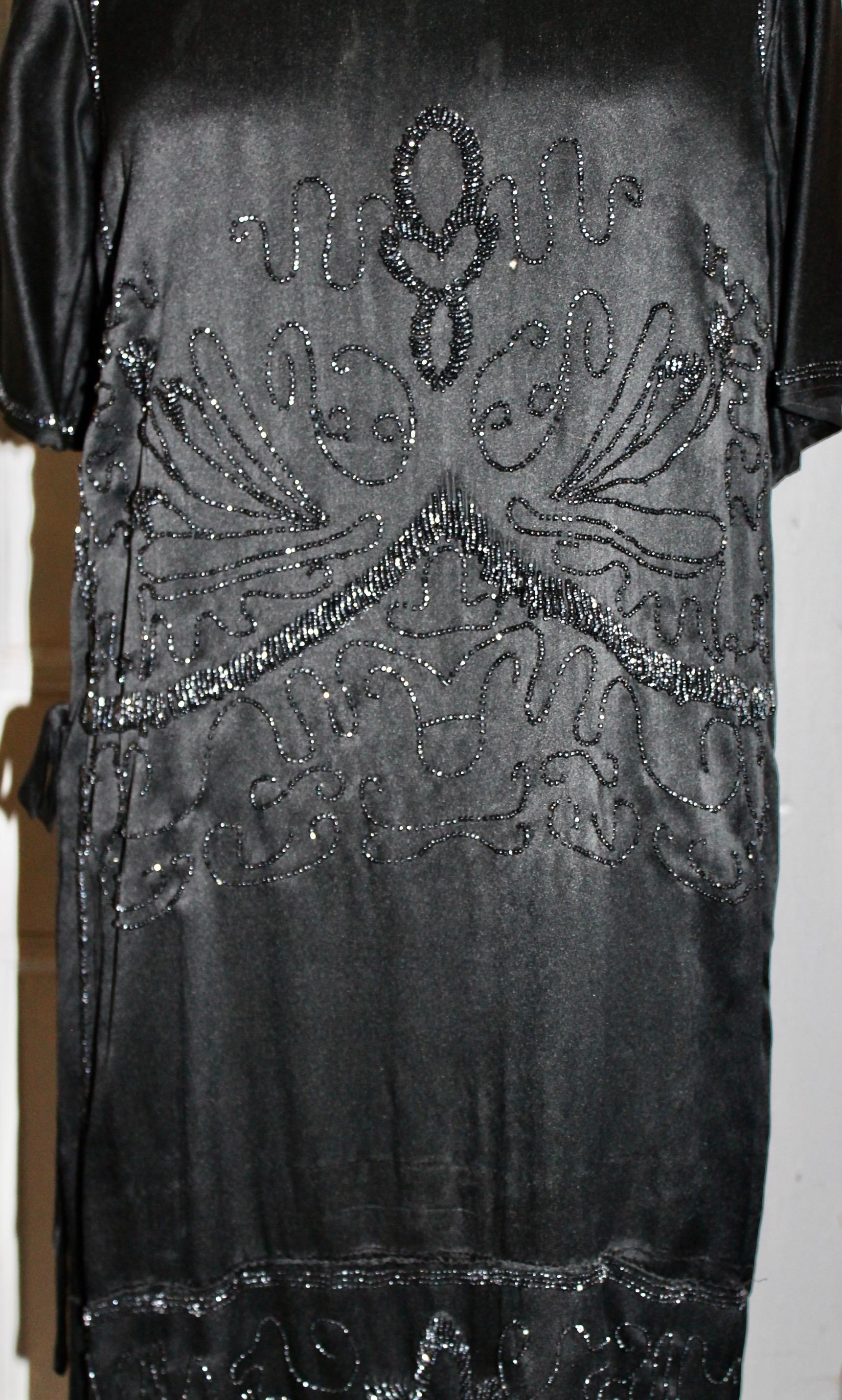 Women's Beaded Black Silk Flapper Dress For Sale