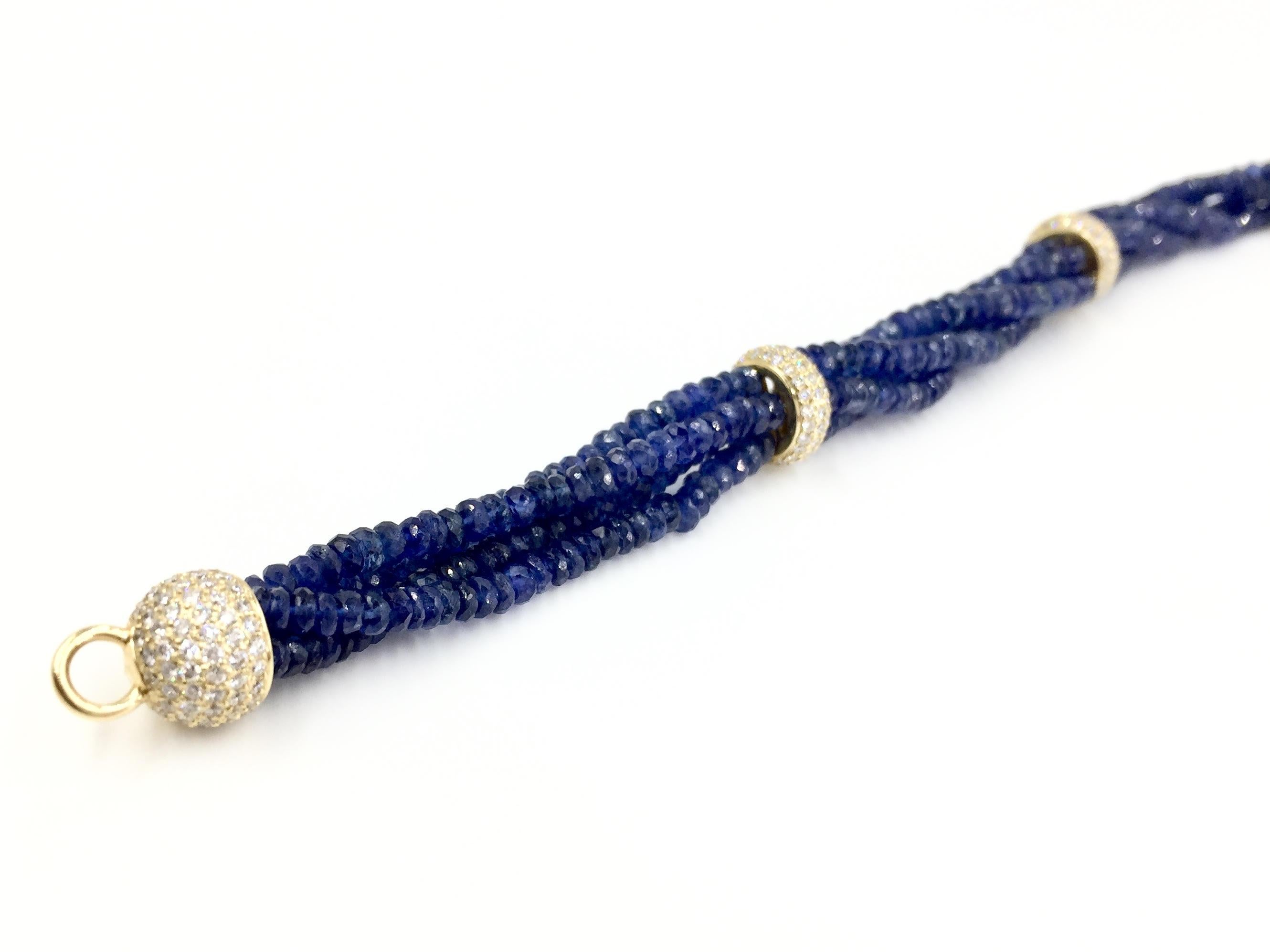 Revival Beaded Blue Sapphire and Diamond Four Strand 18 Karat Bracelet