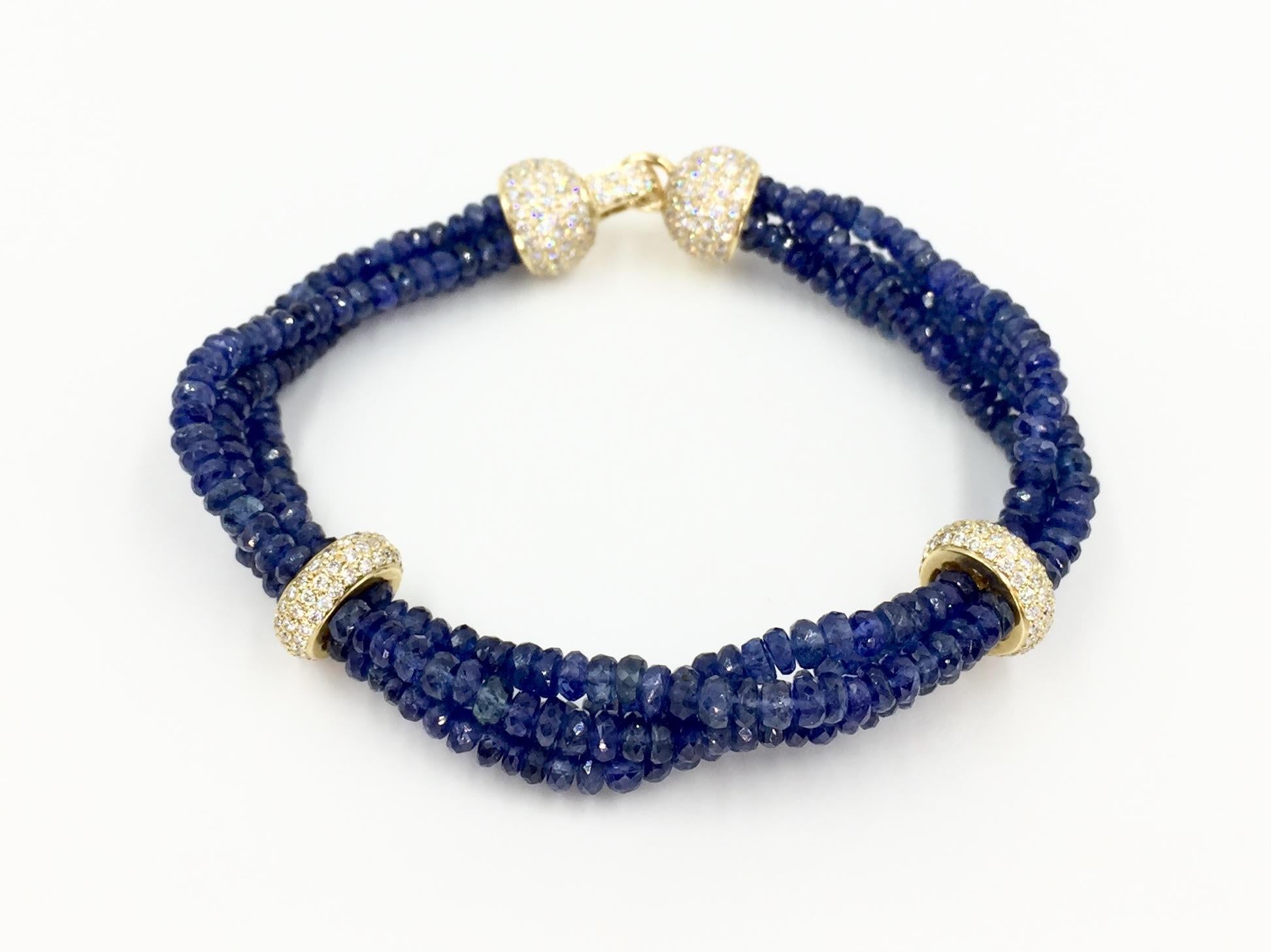 Beaded Blue Sapphire and Diamond Four Strand 18 Karat Bracelet In Excellent Condition In Pikesville, MD