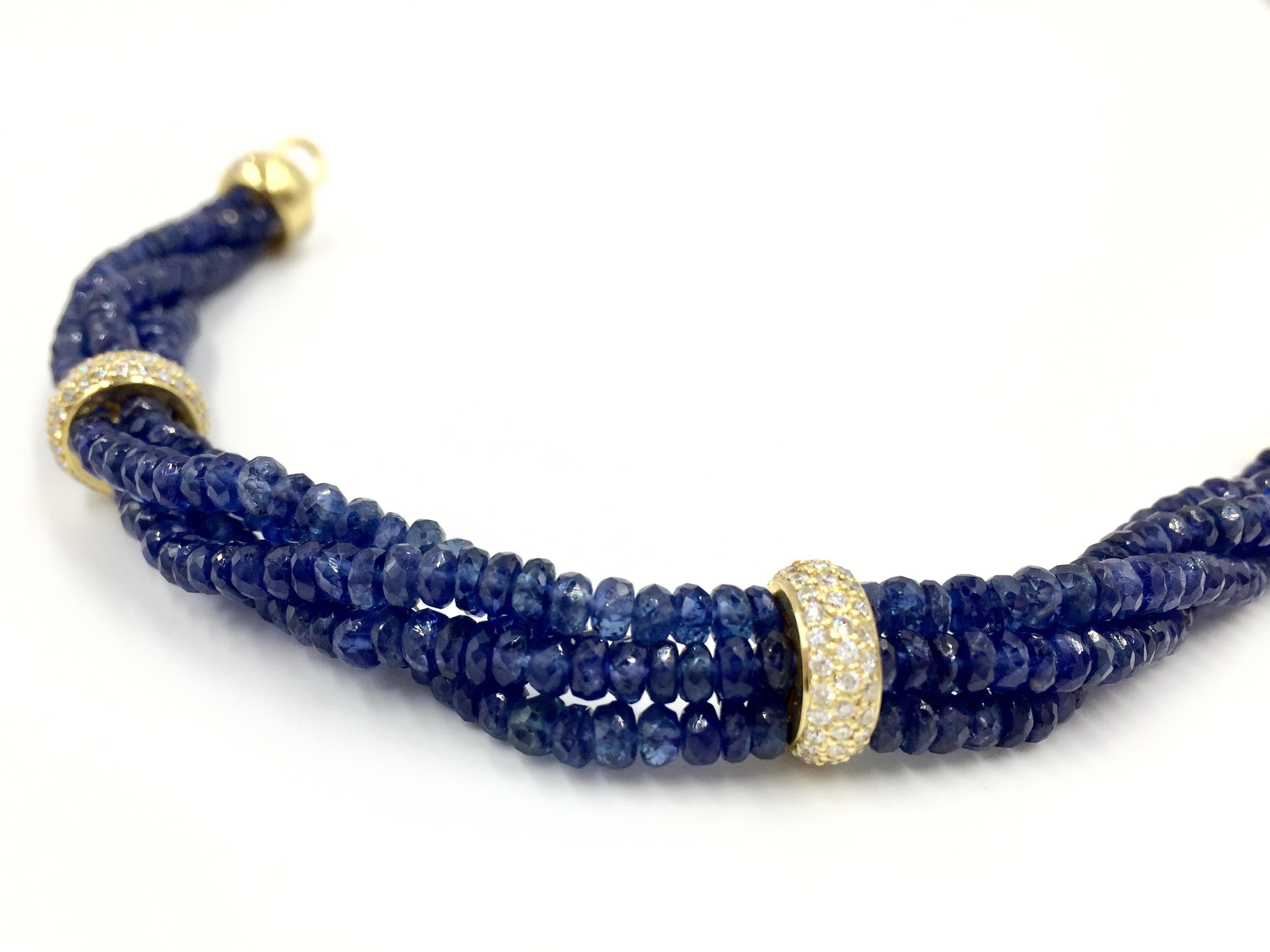 Beaded Blue Sapphire and Diamond Four Strand 18 Karat Bracelet 2