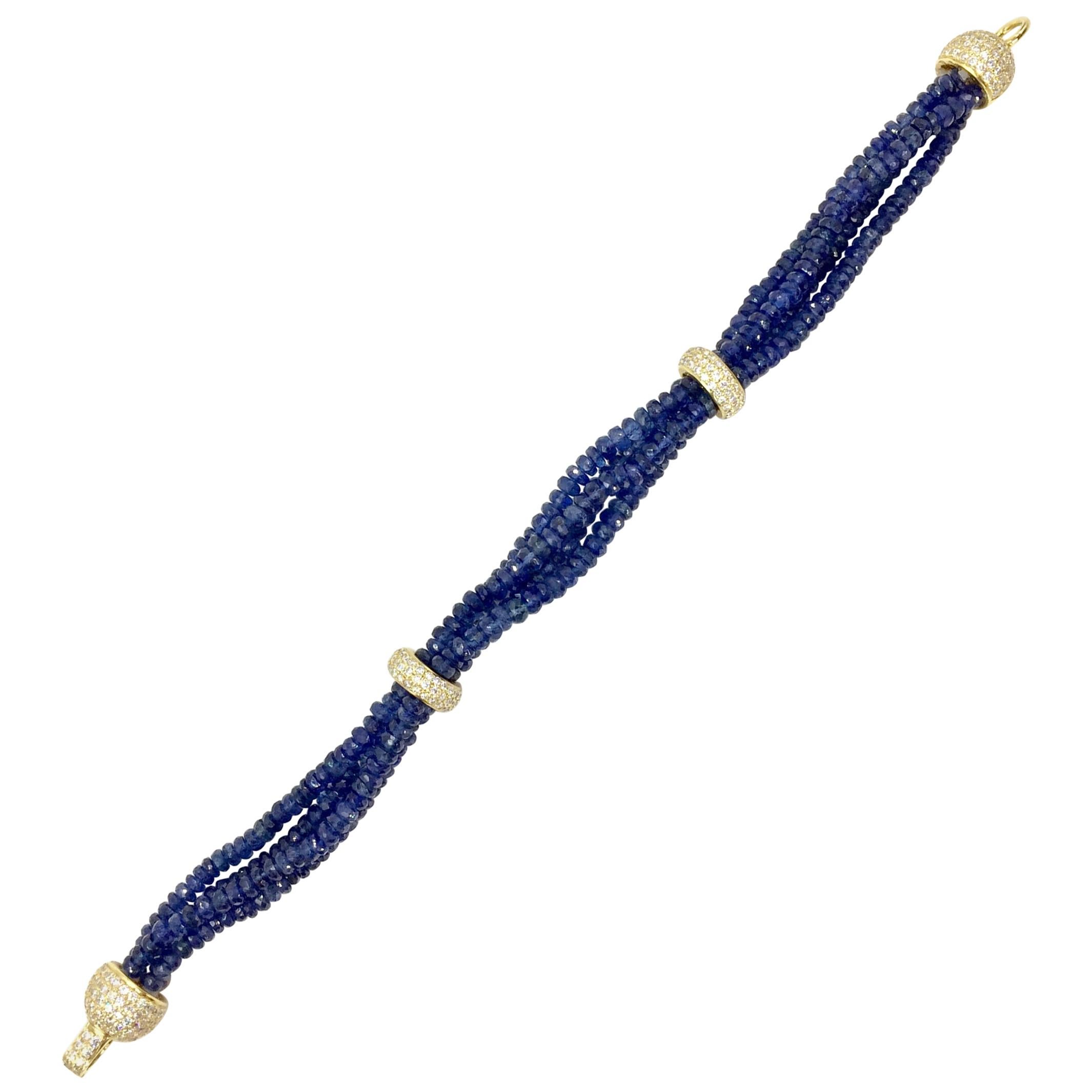 Beaded Blue Sapphire and Diamond Four Strand 18 Karat Bracelet