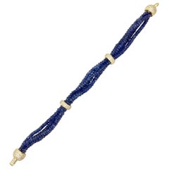 Beaded Blue Sapphire and Diamond Four Strand 18 Karat Bracelet