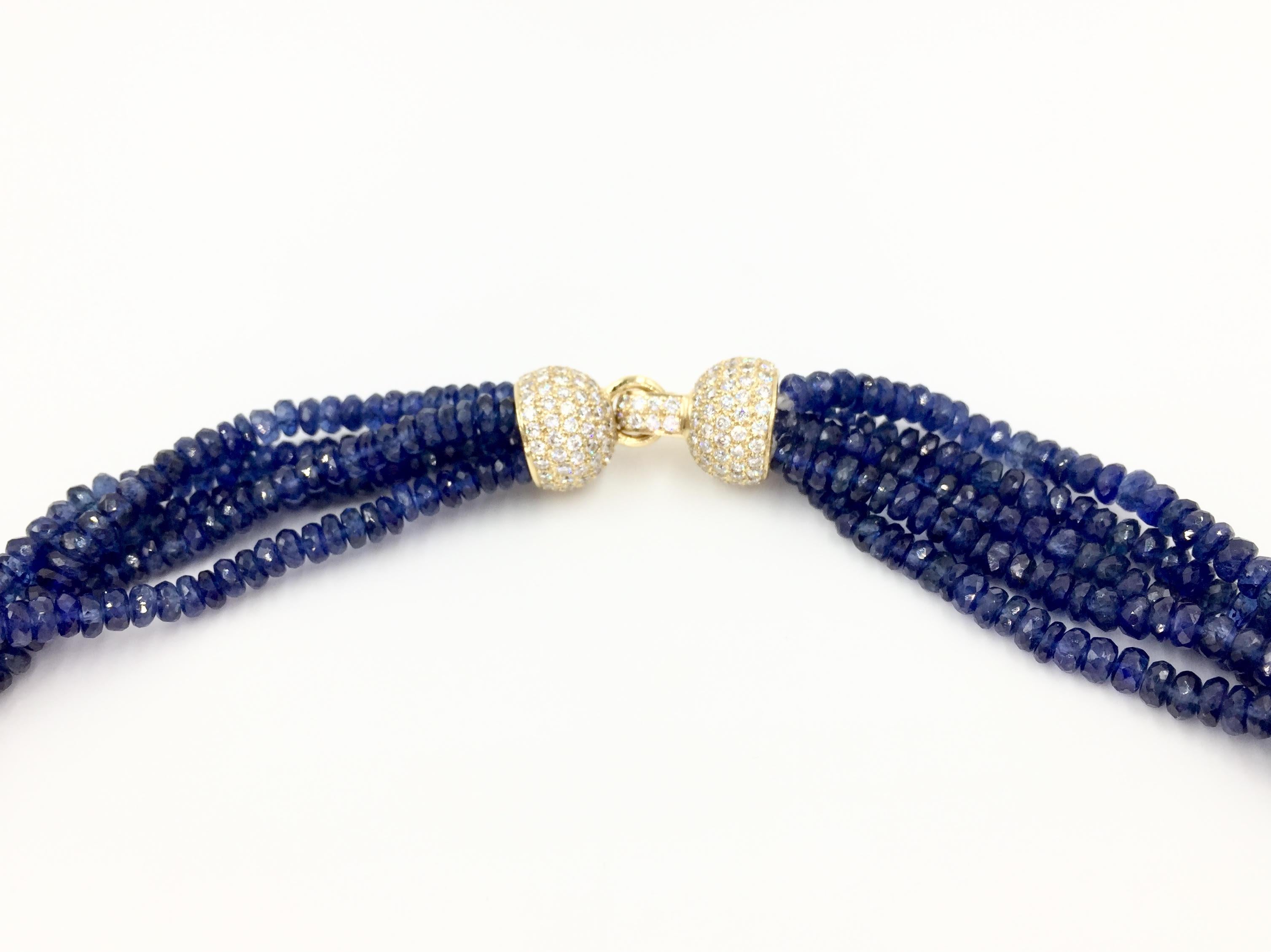 Beaded Blue Sapphire and Diamond Multi-Strand 18 Karat Necklace In Good Condition In Pikesville, MD