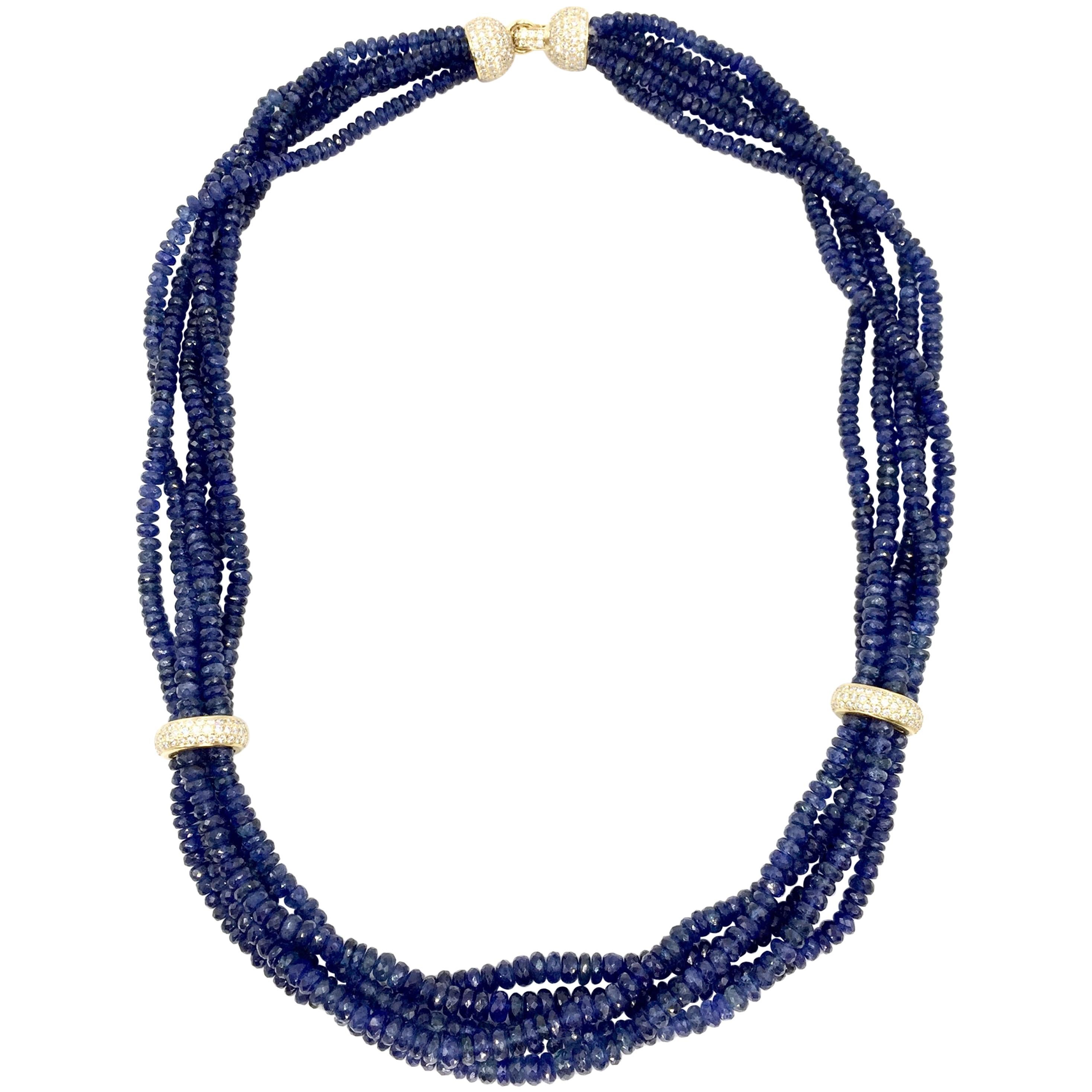 Beaded Blue Sapphire and Diamond Multi-Strand 18 Karat Necklace