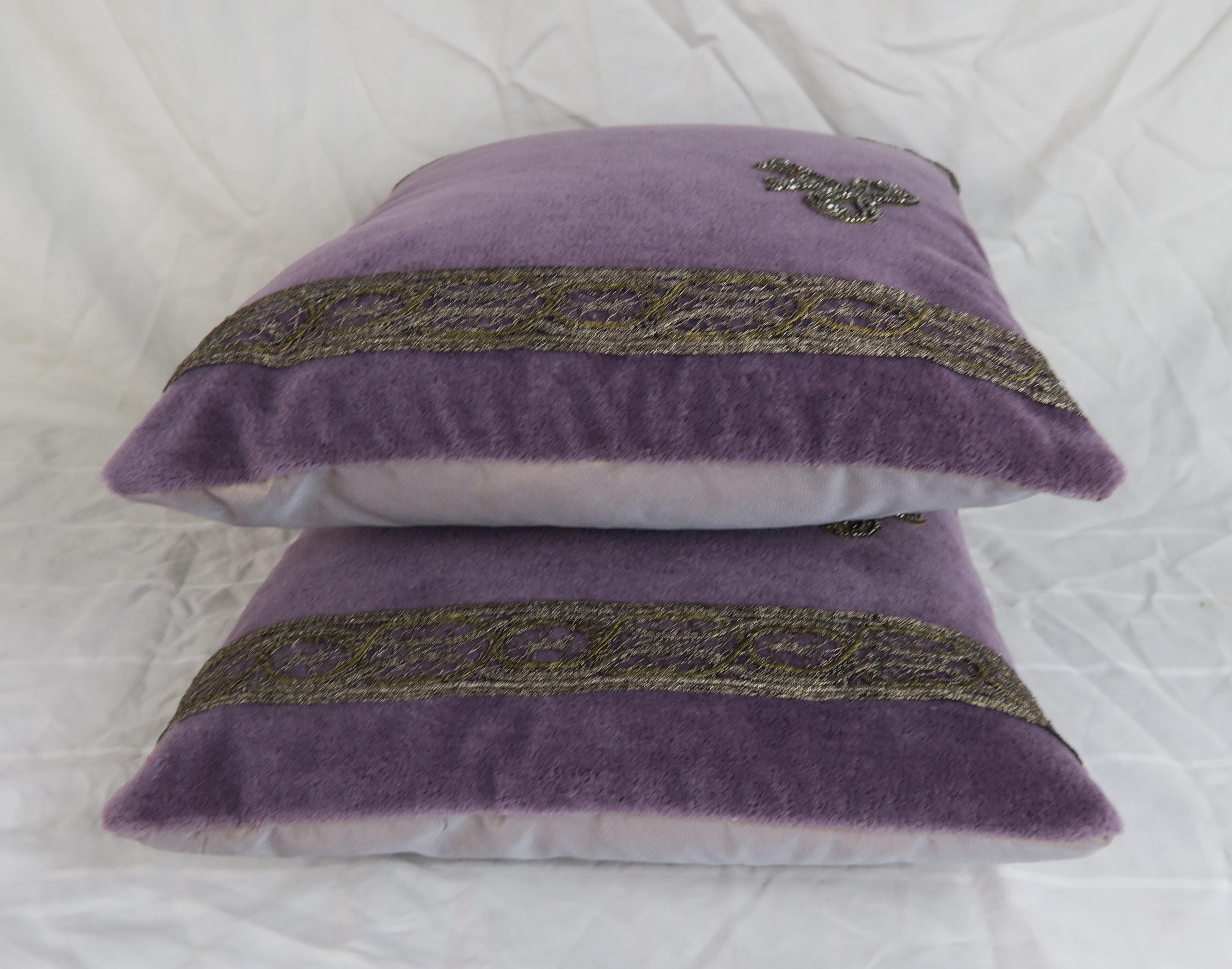 20th Century Beaded Bow Appliquéd Purple Velvet Pillows, Pair