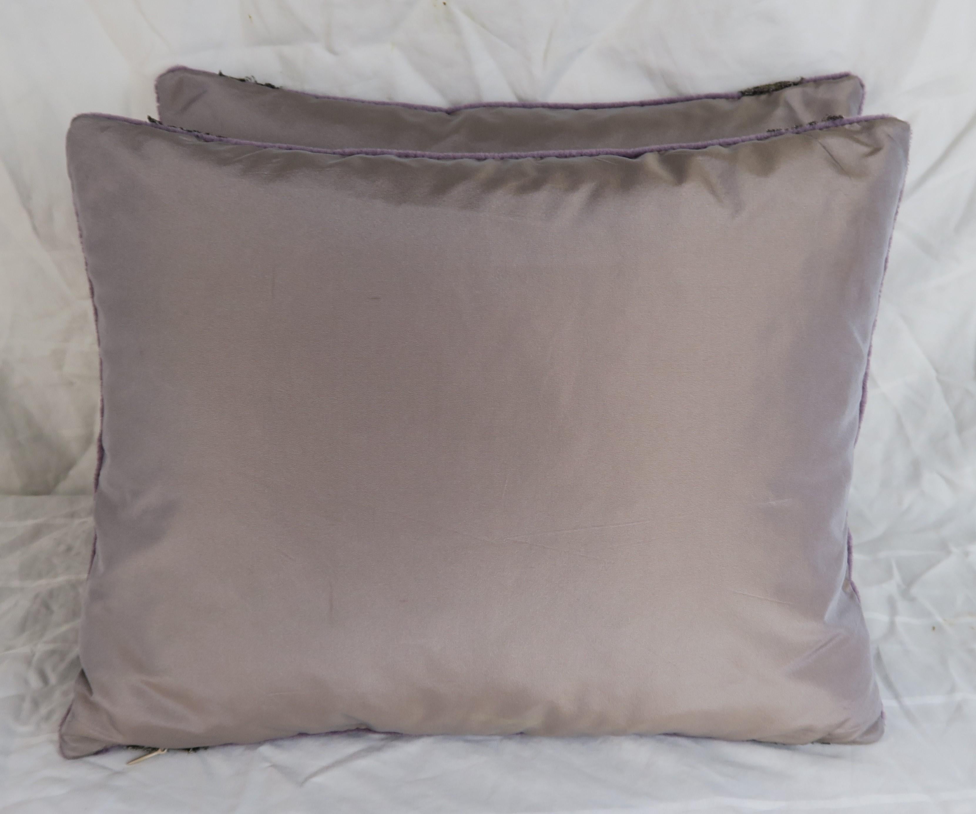 Silk Beaded Bow Appliquéd Purple Velvet Pillows, Pair
