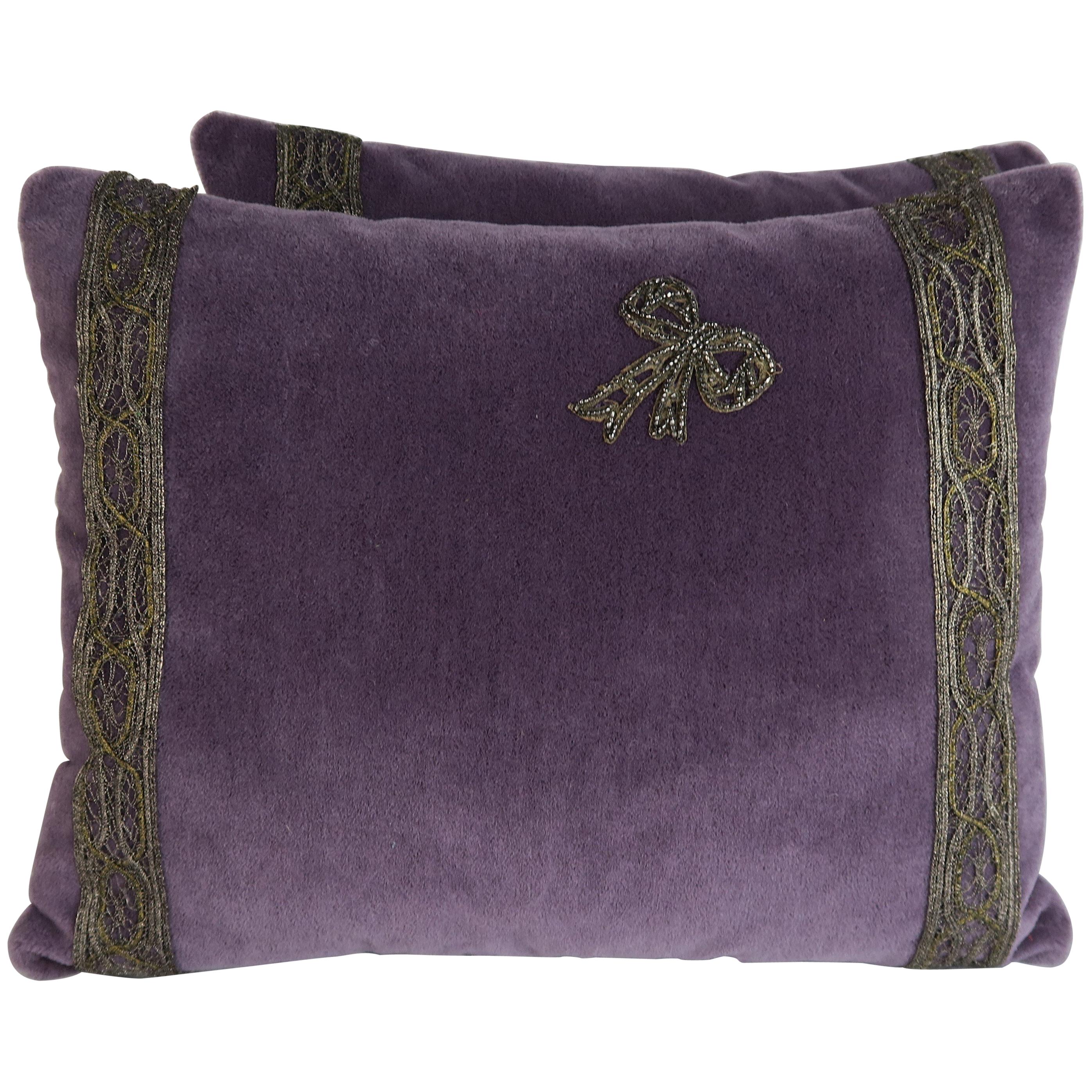 Beaded Bow Appliquéd Purple Velvet Pillows, Pair