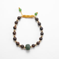 Bracelet Agarwood, 18K Gold, Fine Nephrite, Silk, 8.5" - 9"