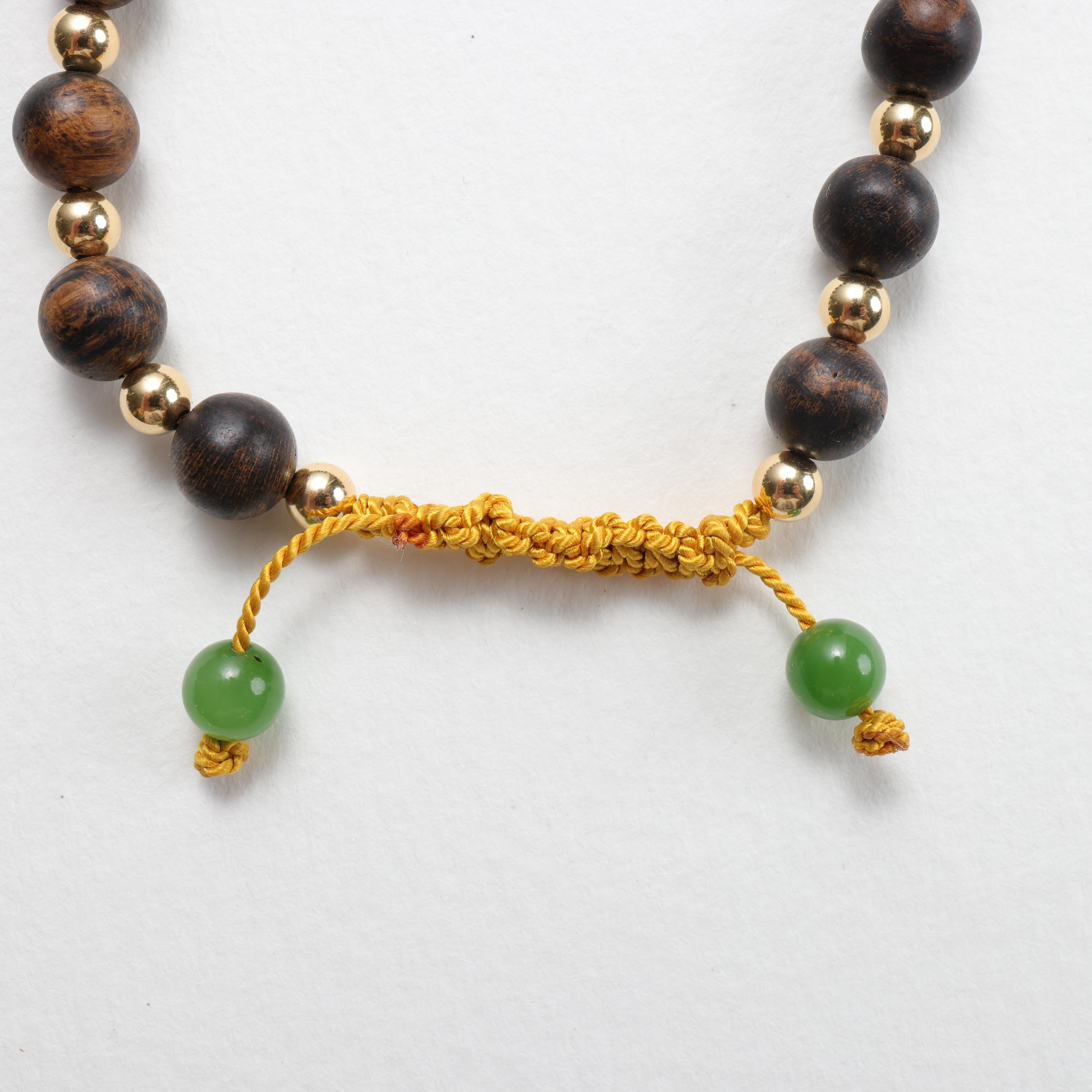 Women's or Men's Bracelet Agarwood, 18K Gold, Fine Nephrite, Silk, 8.5