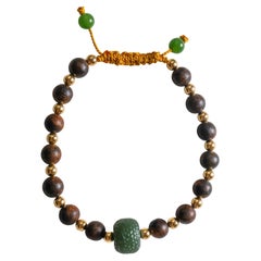 Pulsera Madera de agar, Oro de 18 quilates, Nefrita fina, Seda, 8,5" - 9