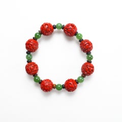 Antique Cinnabar, Nephrite Jade, & Rare Agarwood Stretch Bracelet