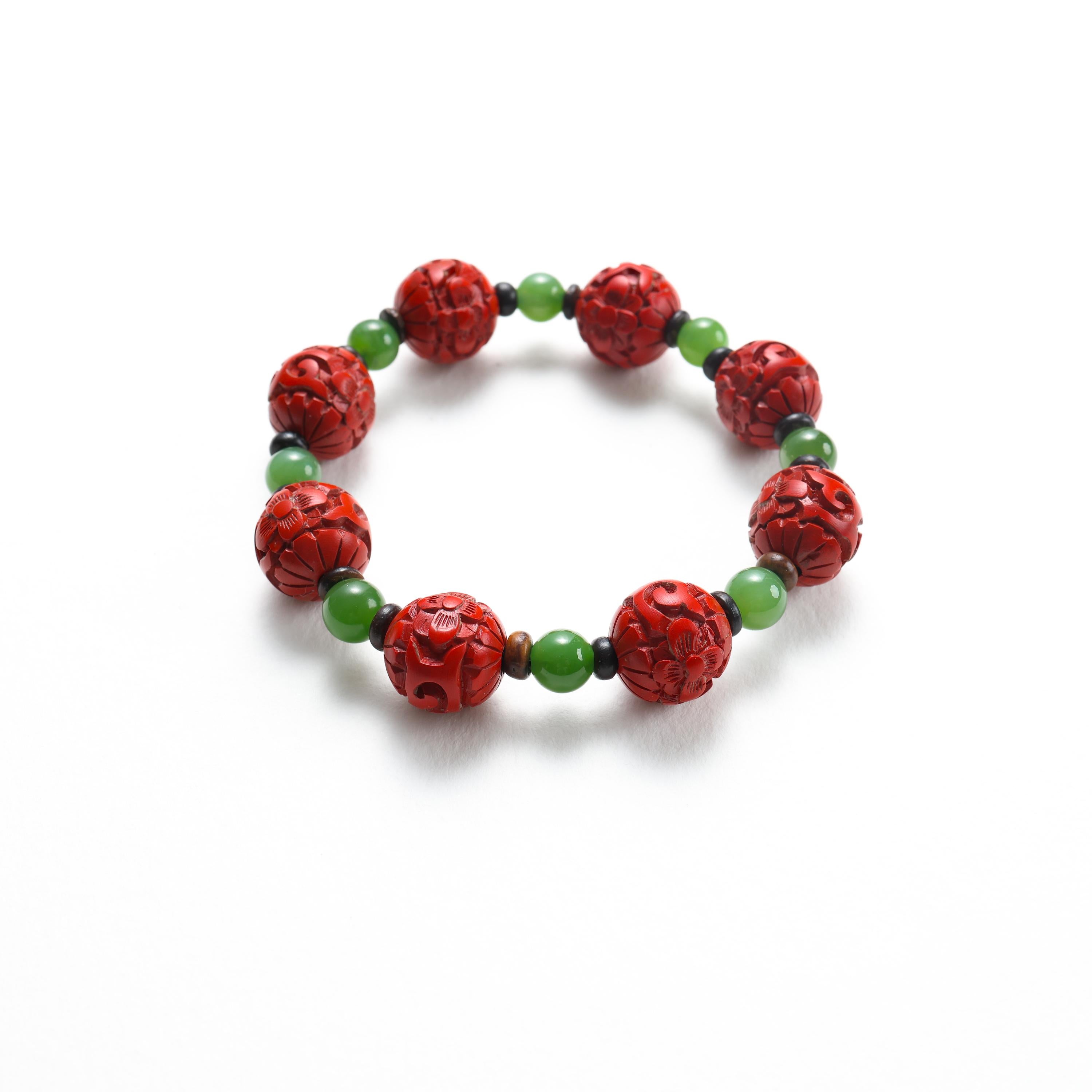 Artisan Antique Cinnabar, Nephrite Jade, & Rare Agarwood Stretch Bracelet For Sale