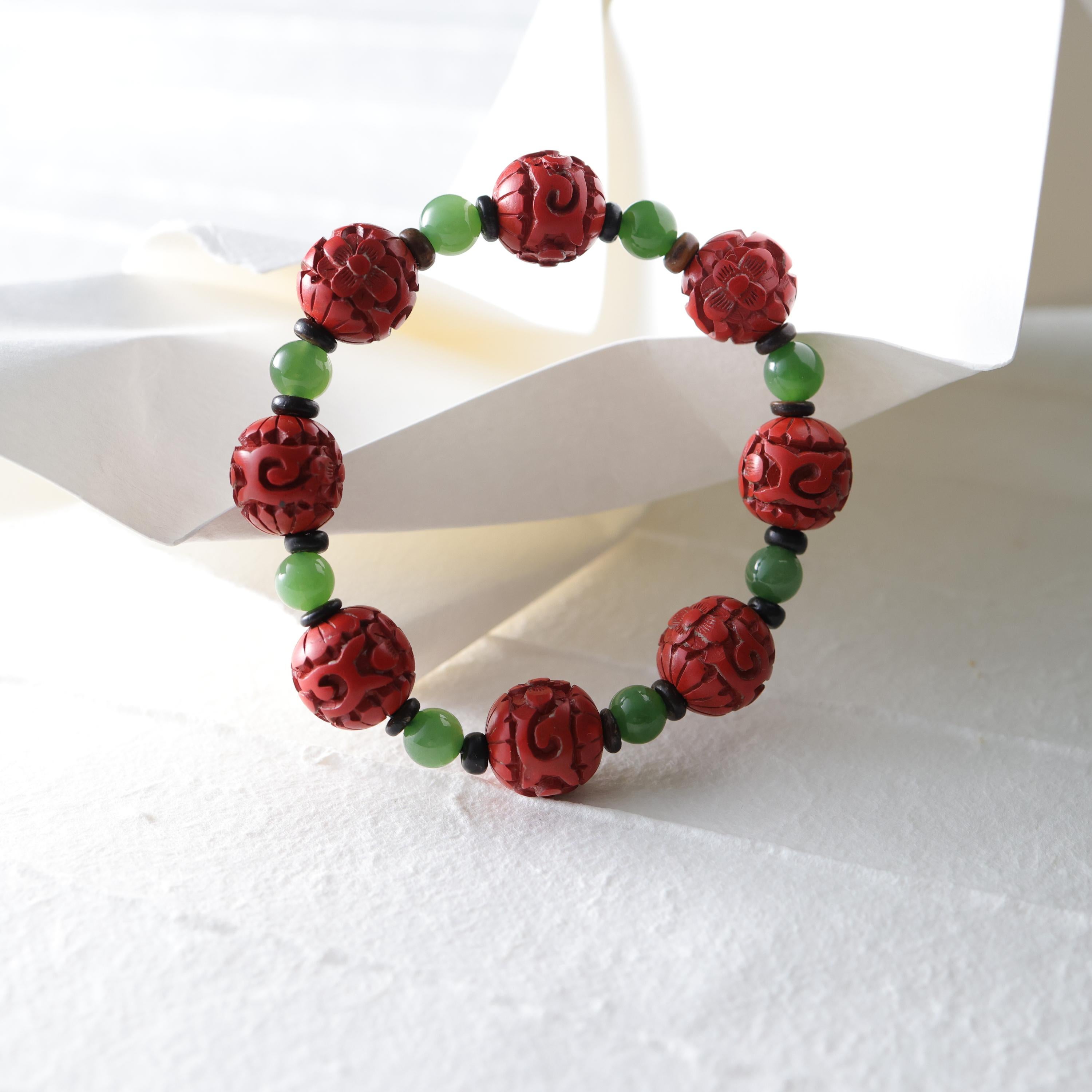 Bead Antique Cinnabar, Nephrite Jade, & Rare Agarwood Stretch Bracelet For Sale