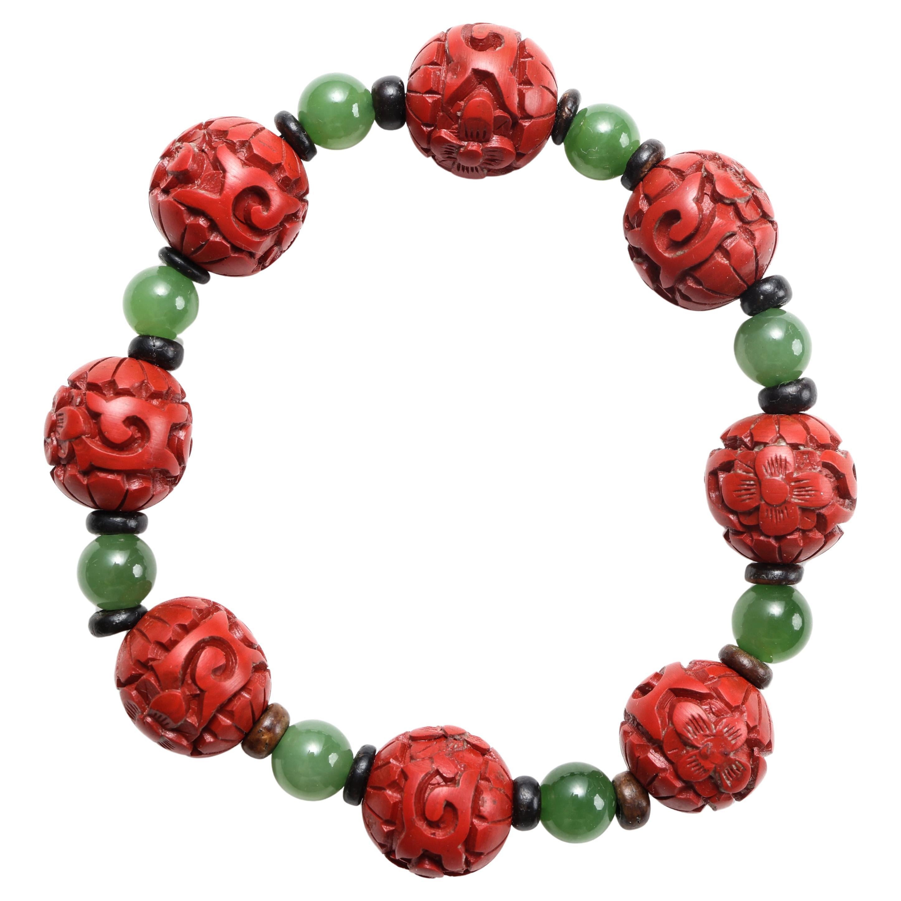 Antique Cinnabar, Nephrite Jade, & Rare Agarwood Stretch Bracelet