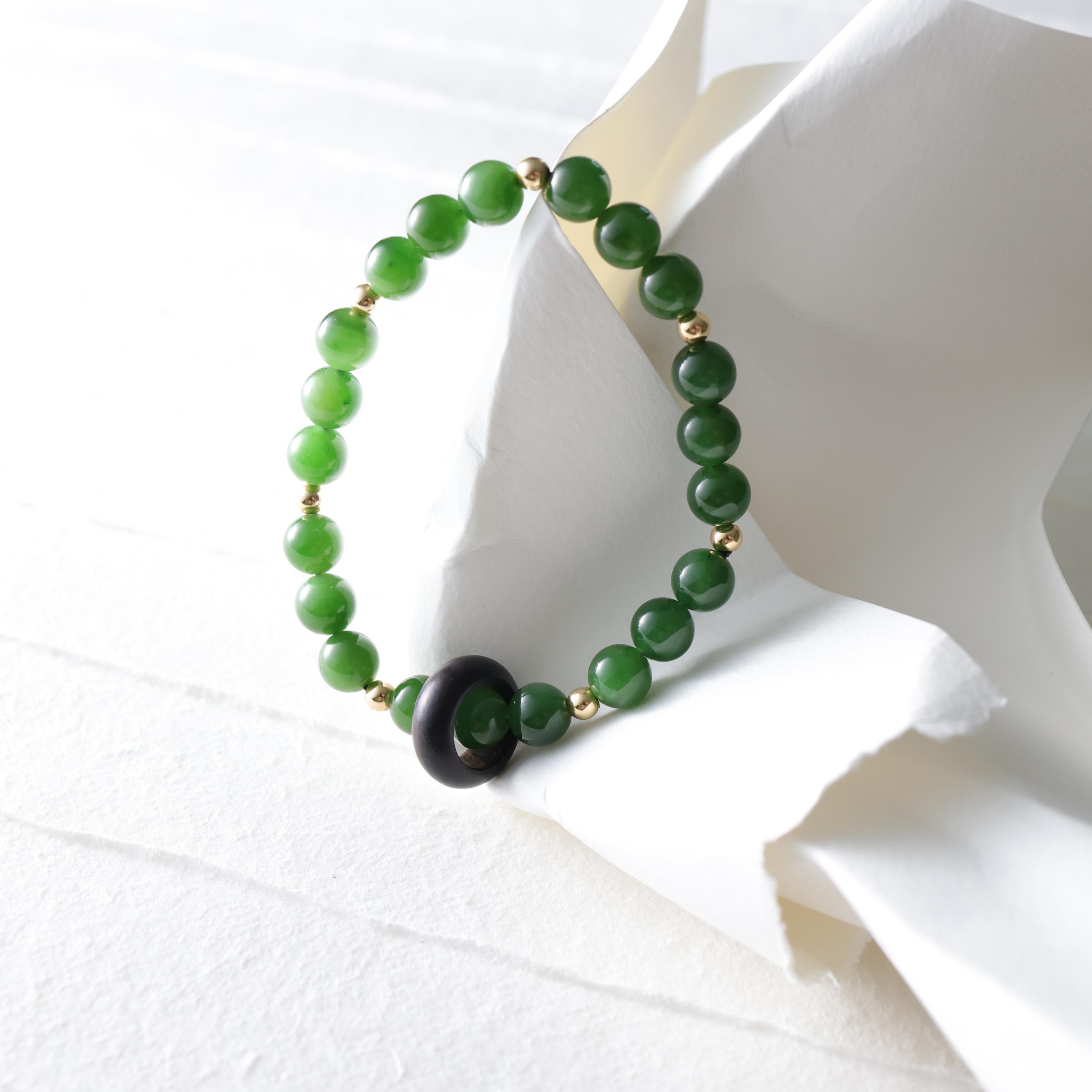 Jade Bracelet, Hetian Nephrite, Rare Agarwood, & 18K Gold, Stretch In New Condition For Sale In Southbury, CT