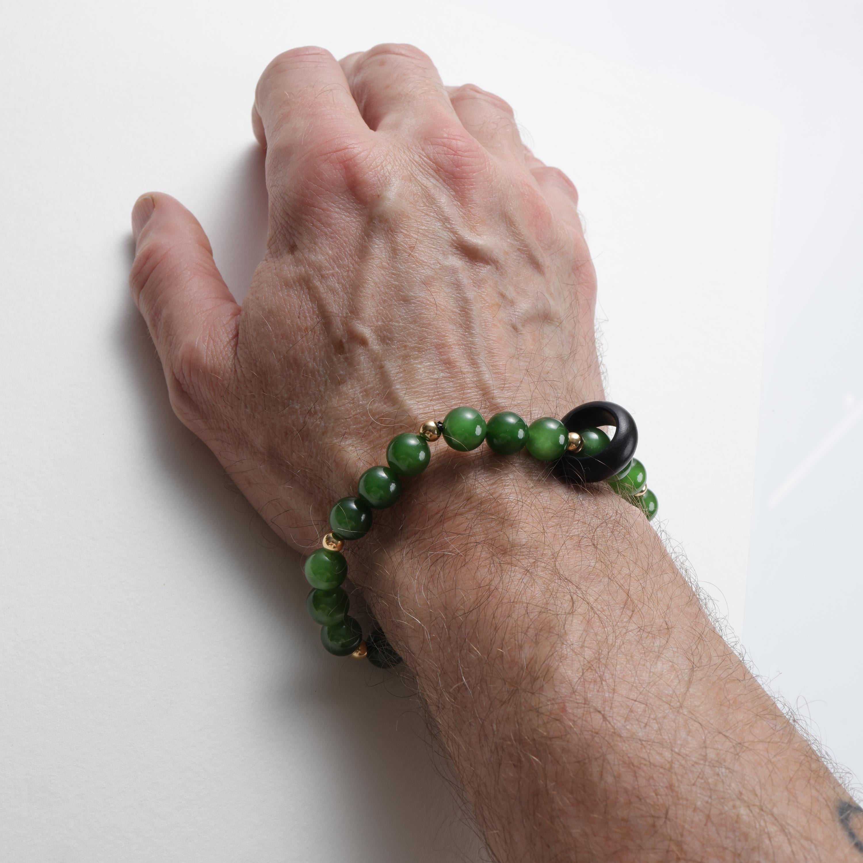 Bead Jade Bracelet, Hetian Nephrite, Rare Agarwood, & 18K Gold, Stretch For Sale
