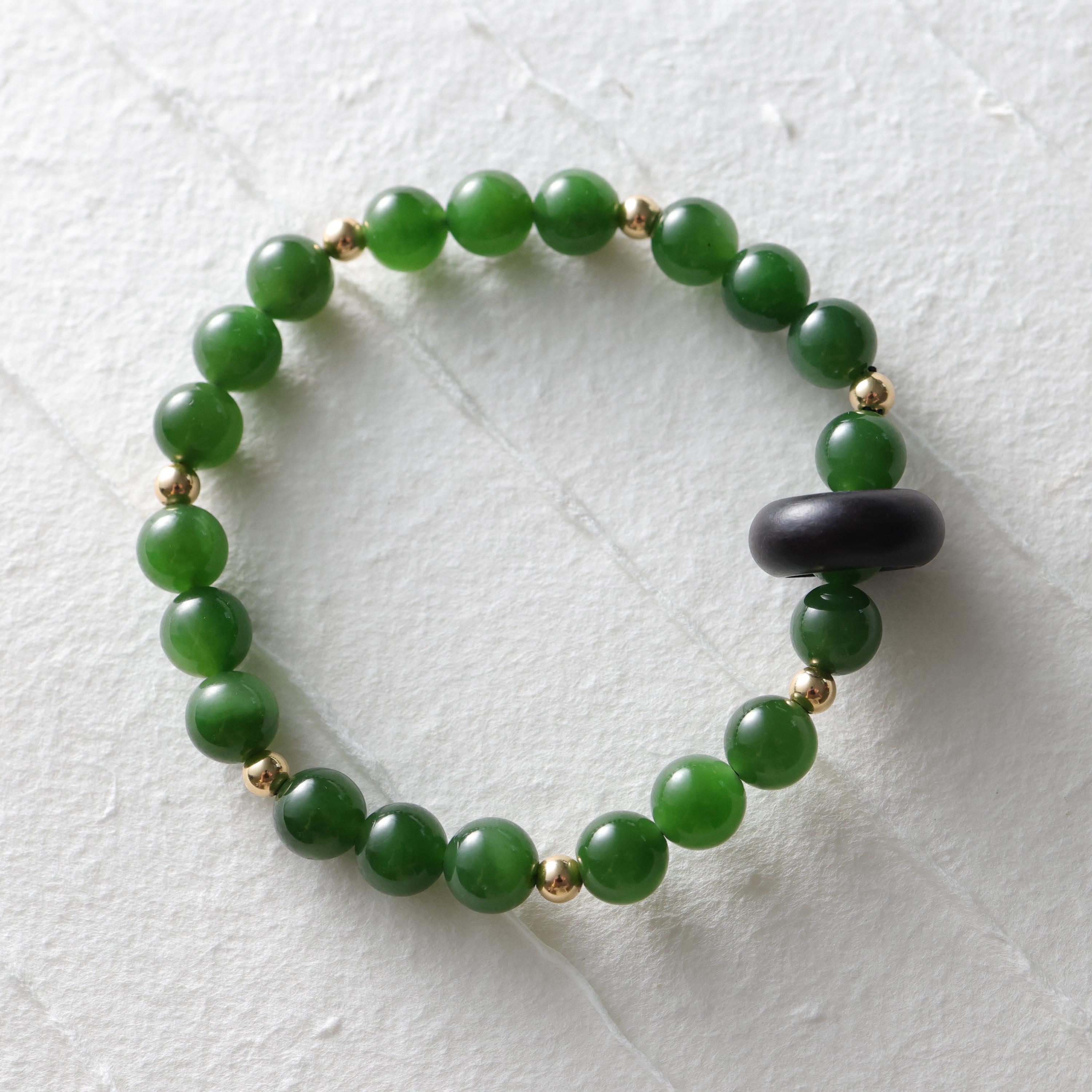 Women's or Men's Jade Bracelet, Hetian Nephrite, Rare Agarwood, & 18K Gold, Stretch For Sale