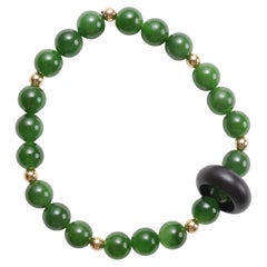 Jade Bracelet, Hetian Nephrite, Rare Agarwood, & 18K Gold, Stretch