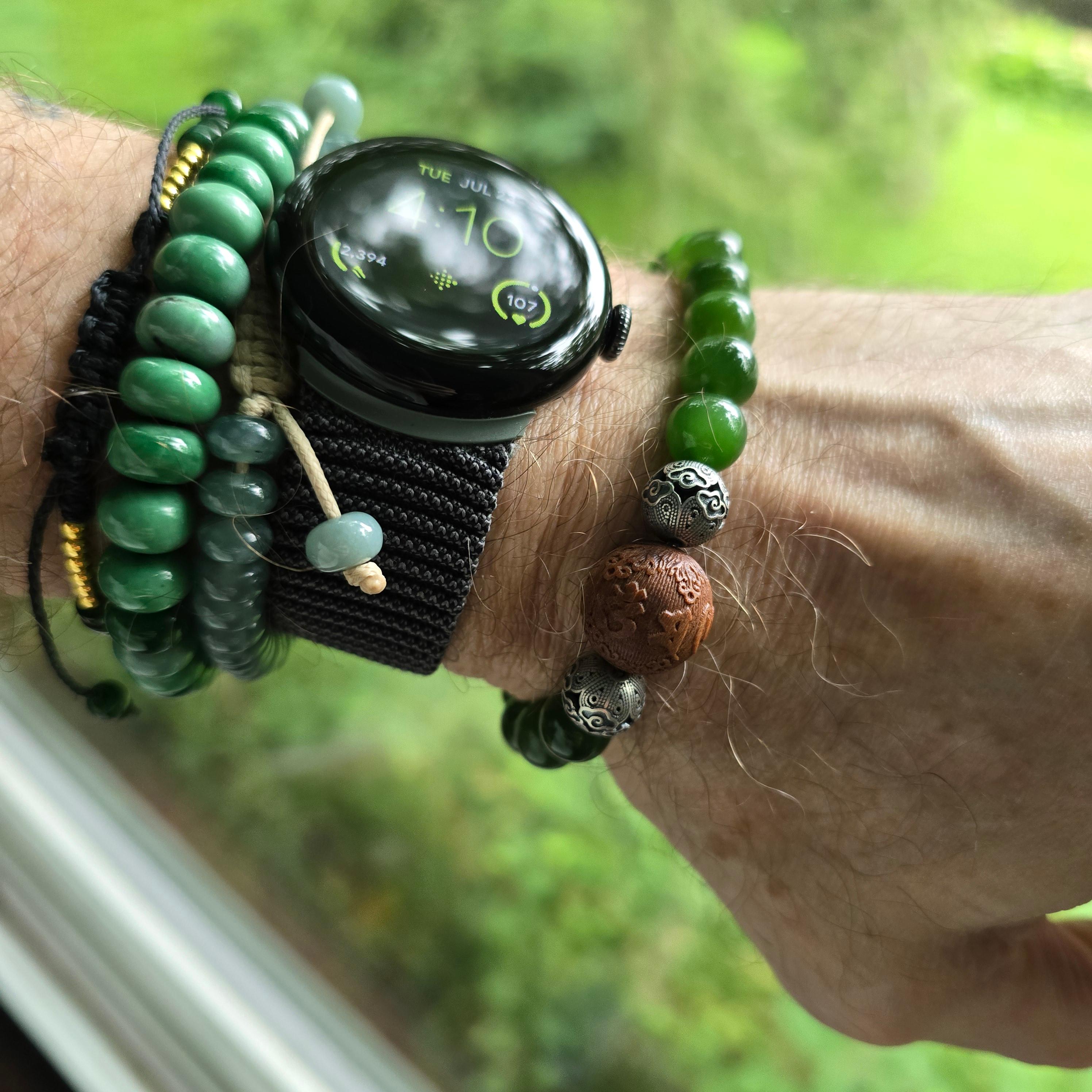 Jade Bracelet, Hetian Nephrite Jade, Rare Agarwood, & Silver, Stretch For Sale 4