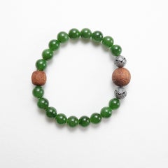 Jade Bracelet, Hetian Nephrite Jade, Rare Agarwood, & Silver, Stretch