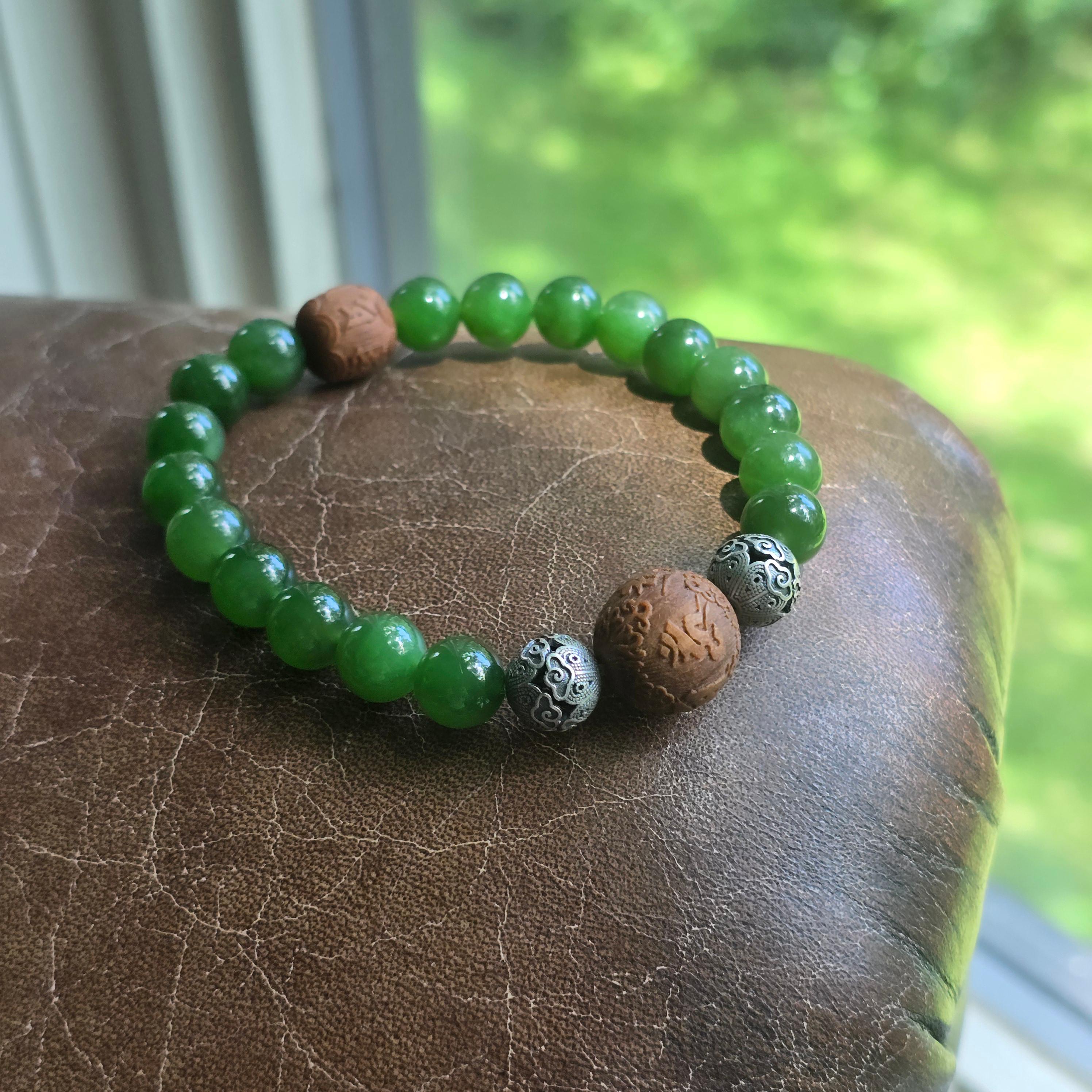 Women's or Men's Jade Bracelet, Hetian Nephrite Jade, Rare Agarwood, & Silver, Stretch For Sale