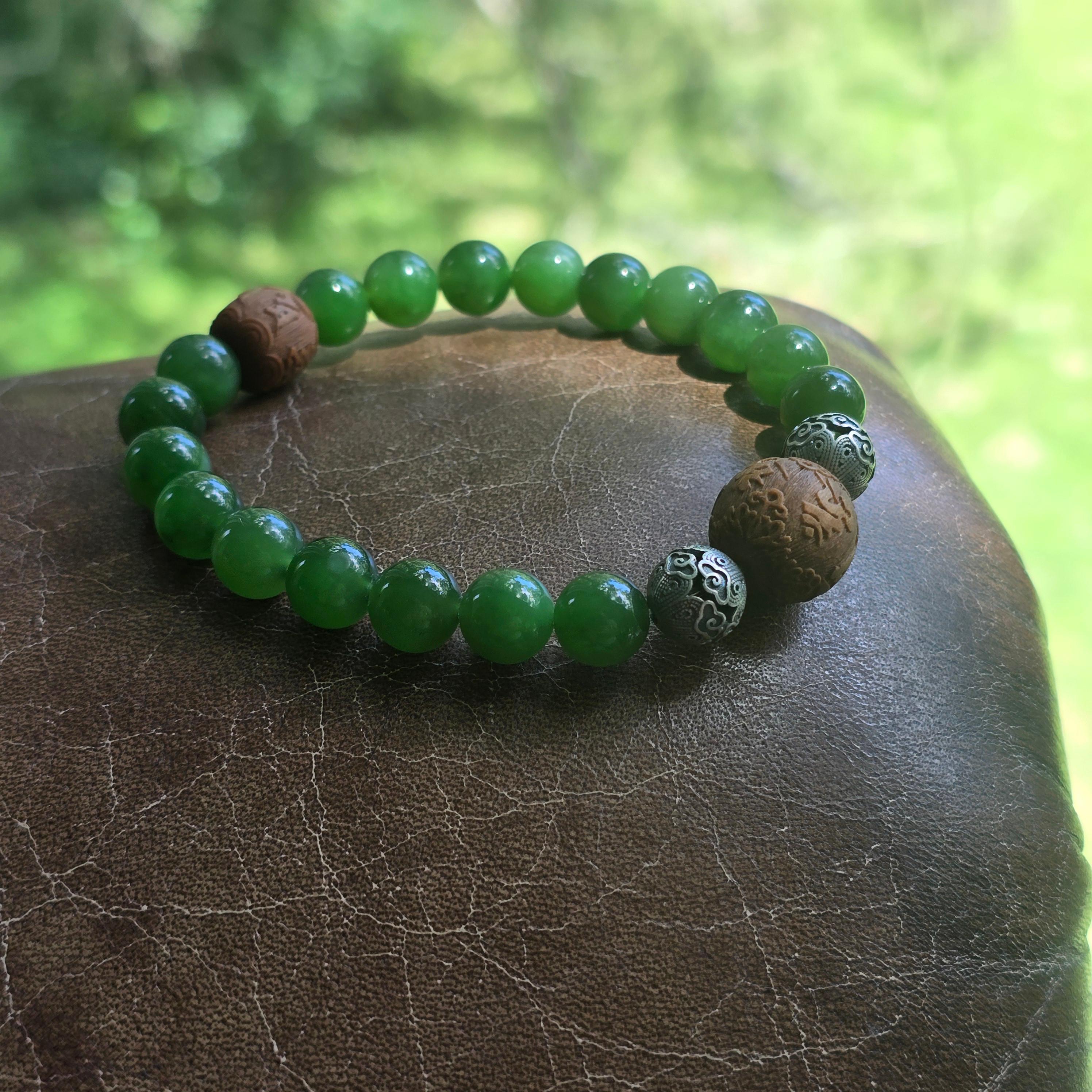 Jade Bracelet, Hetian Nephrite Jade, Rare Agarwood, & Silver, Stretch For Sale 1