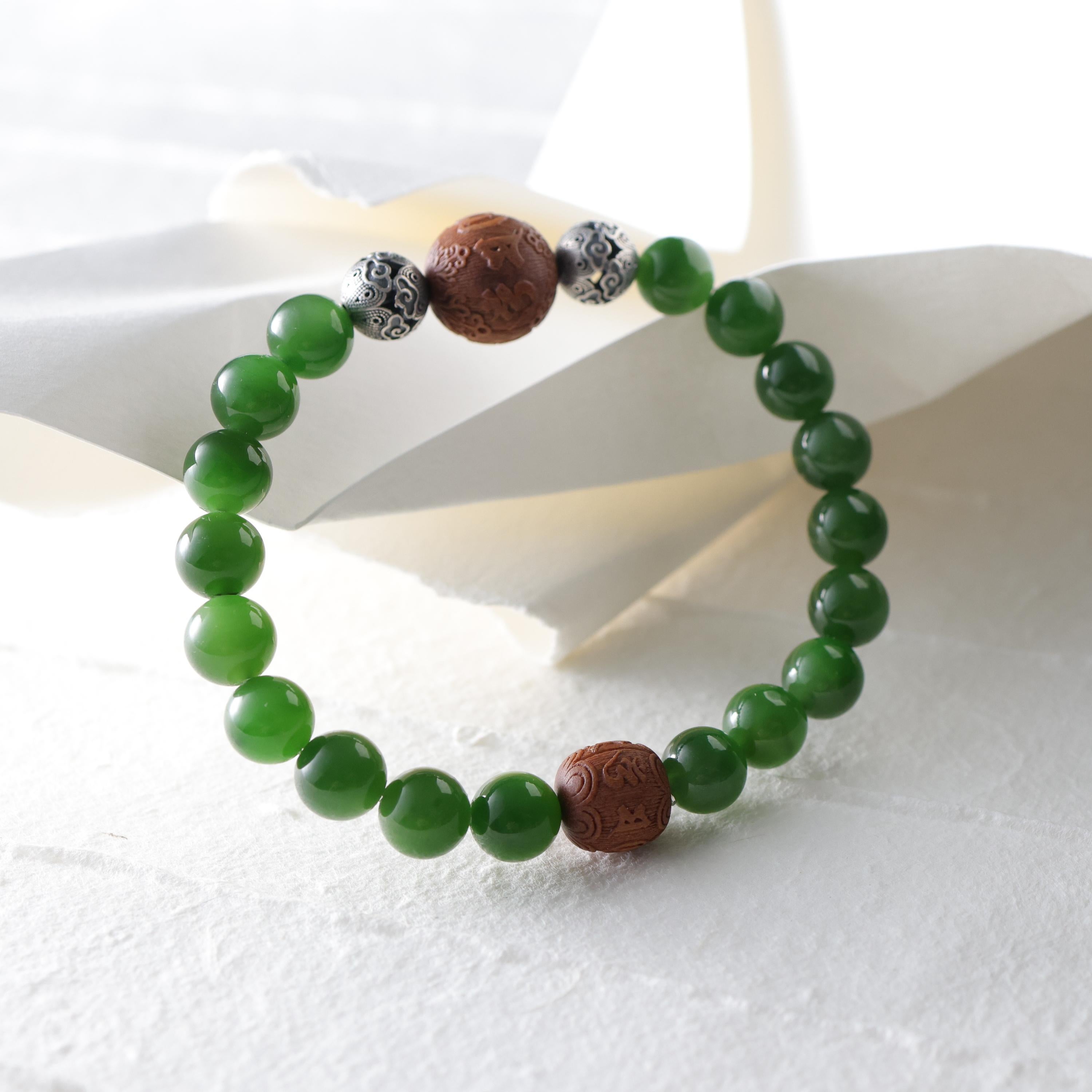 Jade Bracelet, Hetian Nephrite Jade, Rare Agarwood, & Silver, Stretch In New Condition For Sale In Southbury, CT