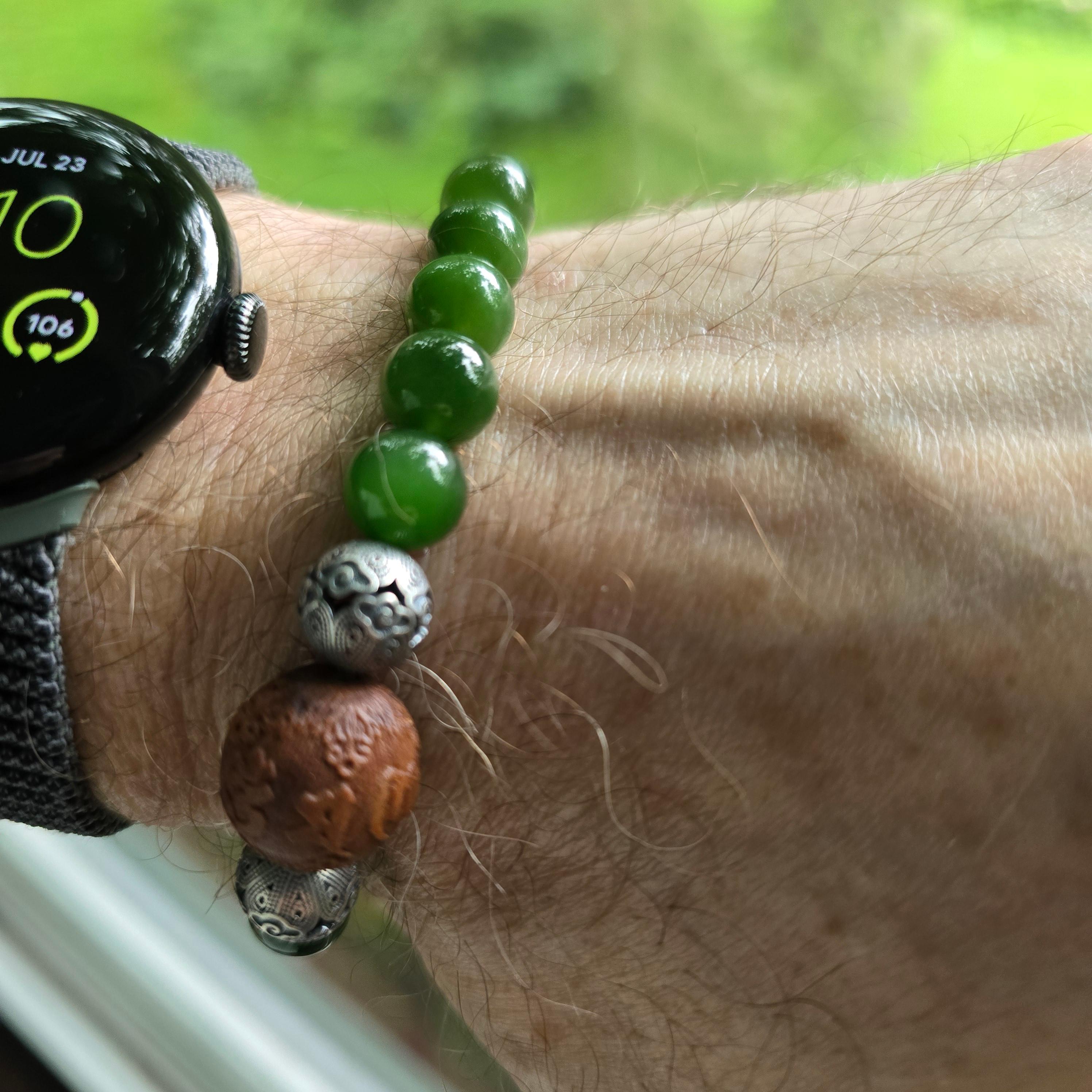 Jade Bracelet, Hetian Nephrite Jade, Rare Agarwood, & Silver, Stretch For Sale 3