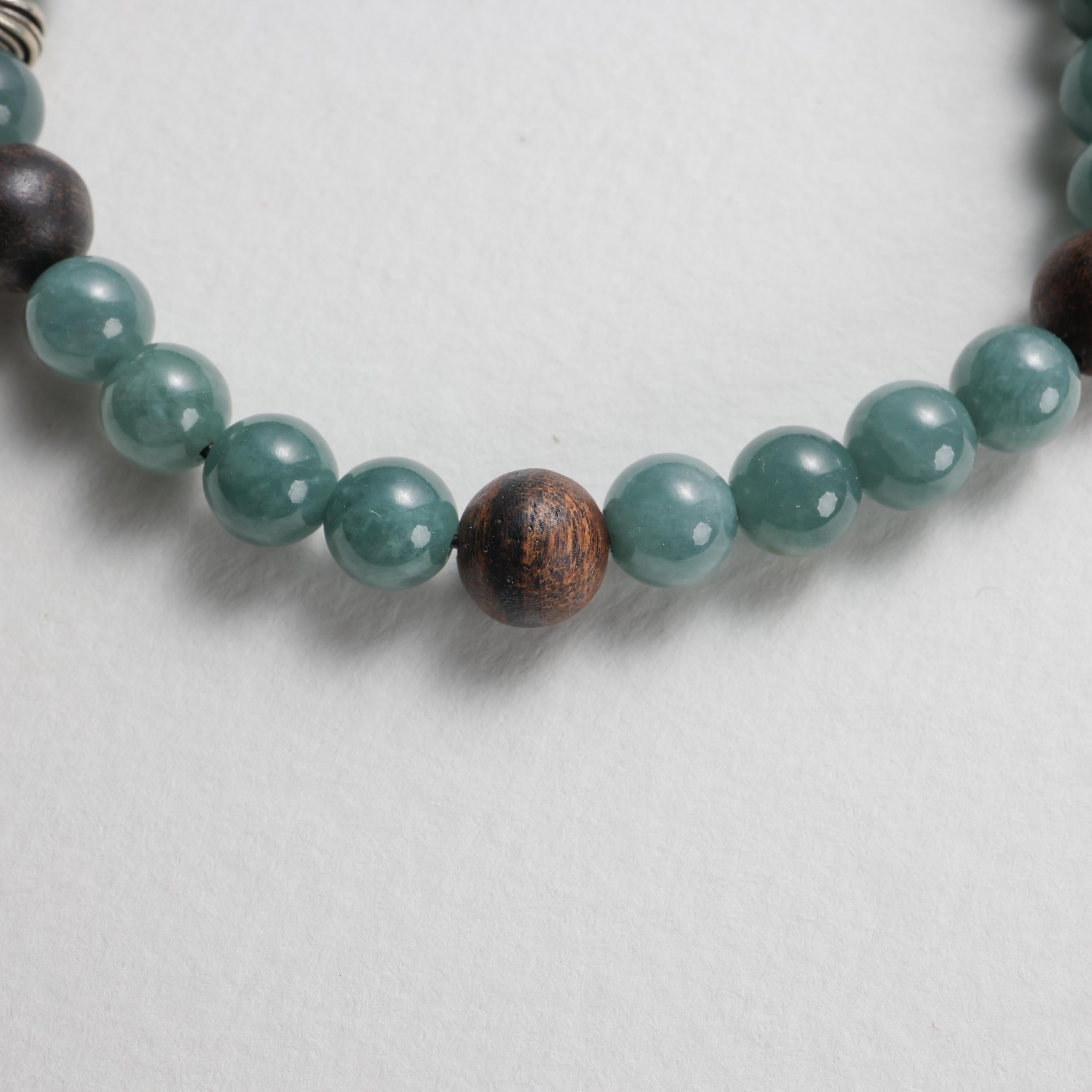 Artisan Jade Bracelet, Stretch, Guatemala Jadeite, Silver, and Agarwood For Sale