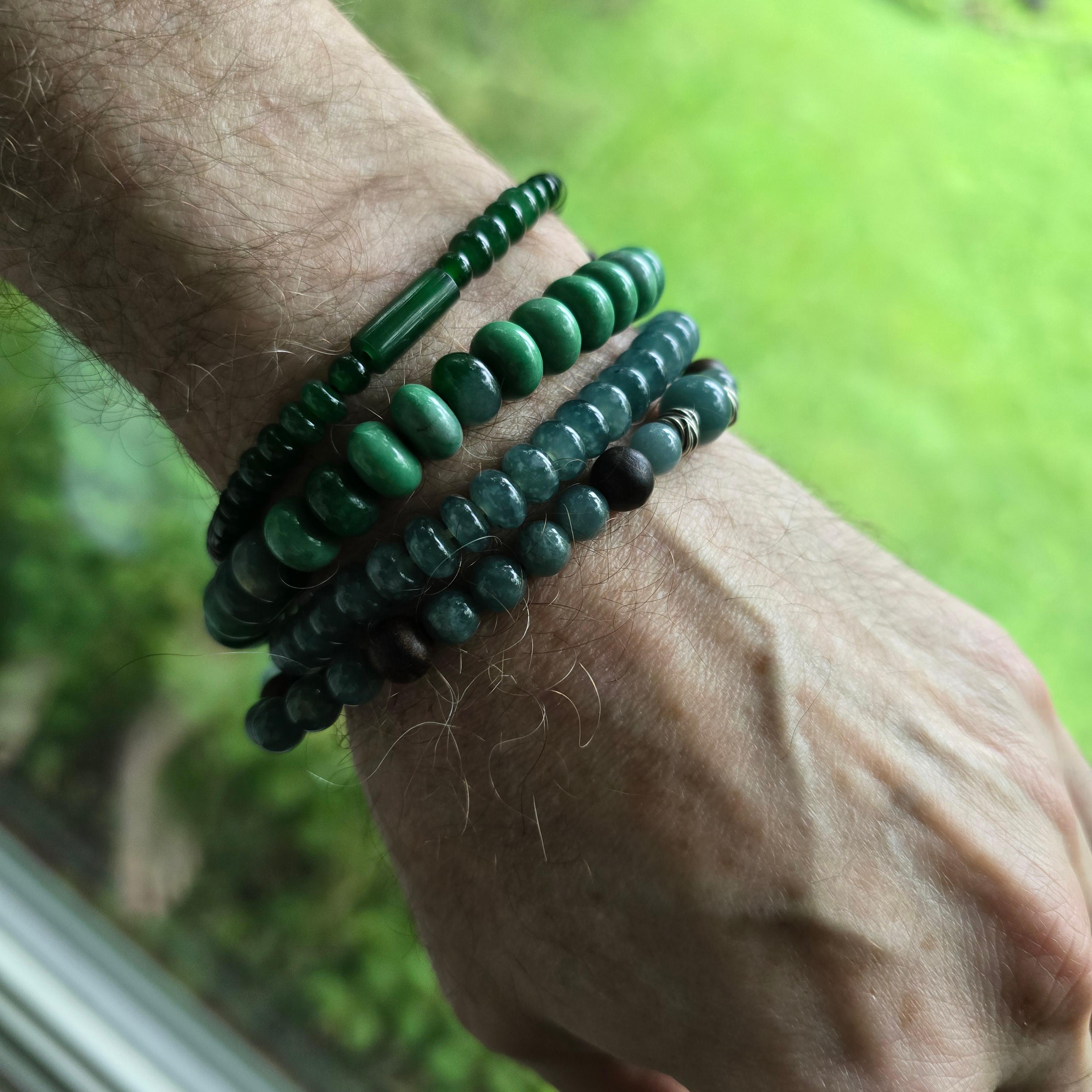 Women's or Men's Jade Bracelet, Stretch, Guatemala Jadeite, Silver, and Agarwood For Sale