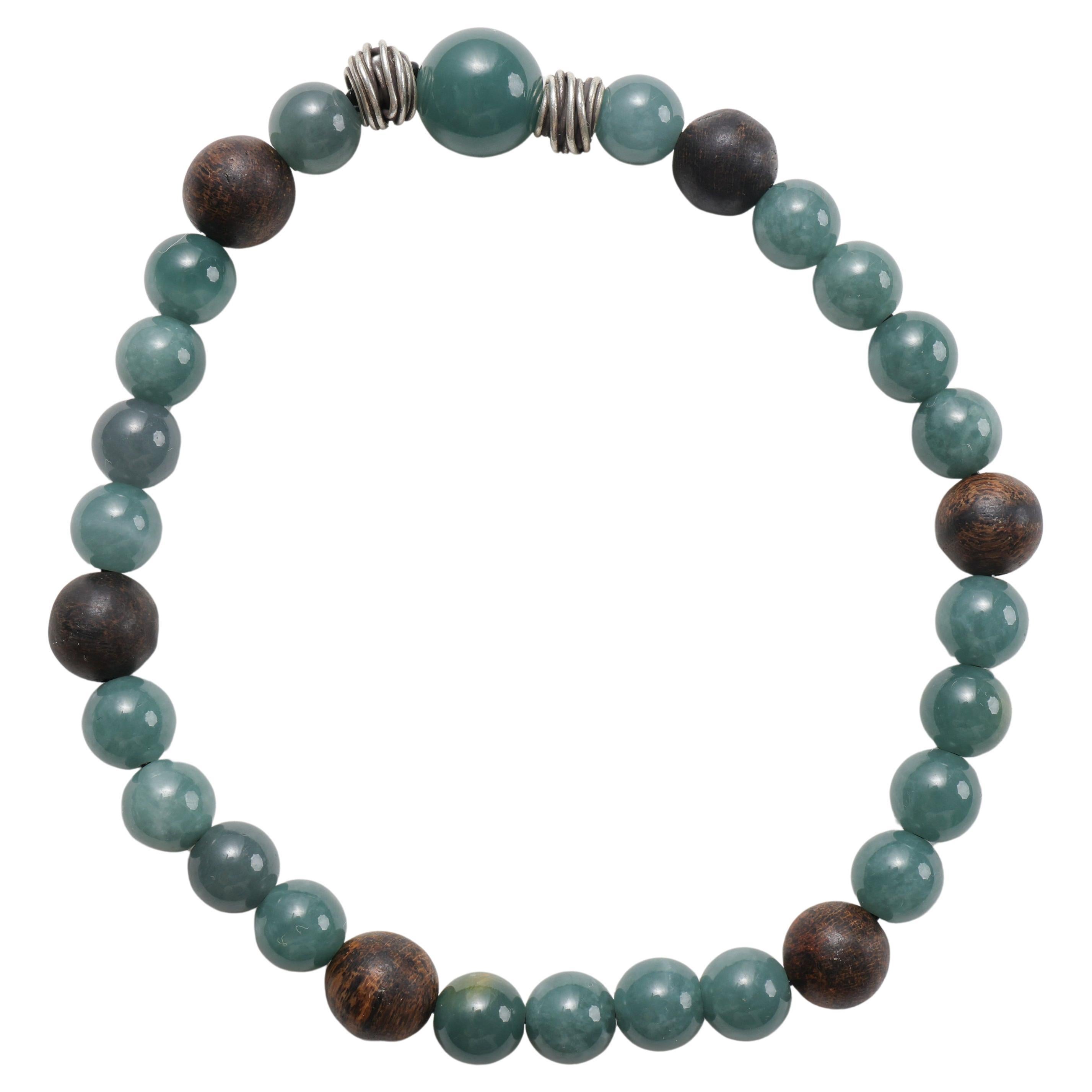 Jade Bracelet, Stretch, Guatemala Jadeite, Silver, and Agarwood