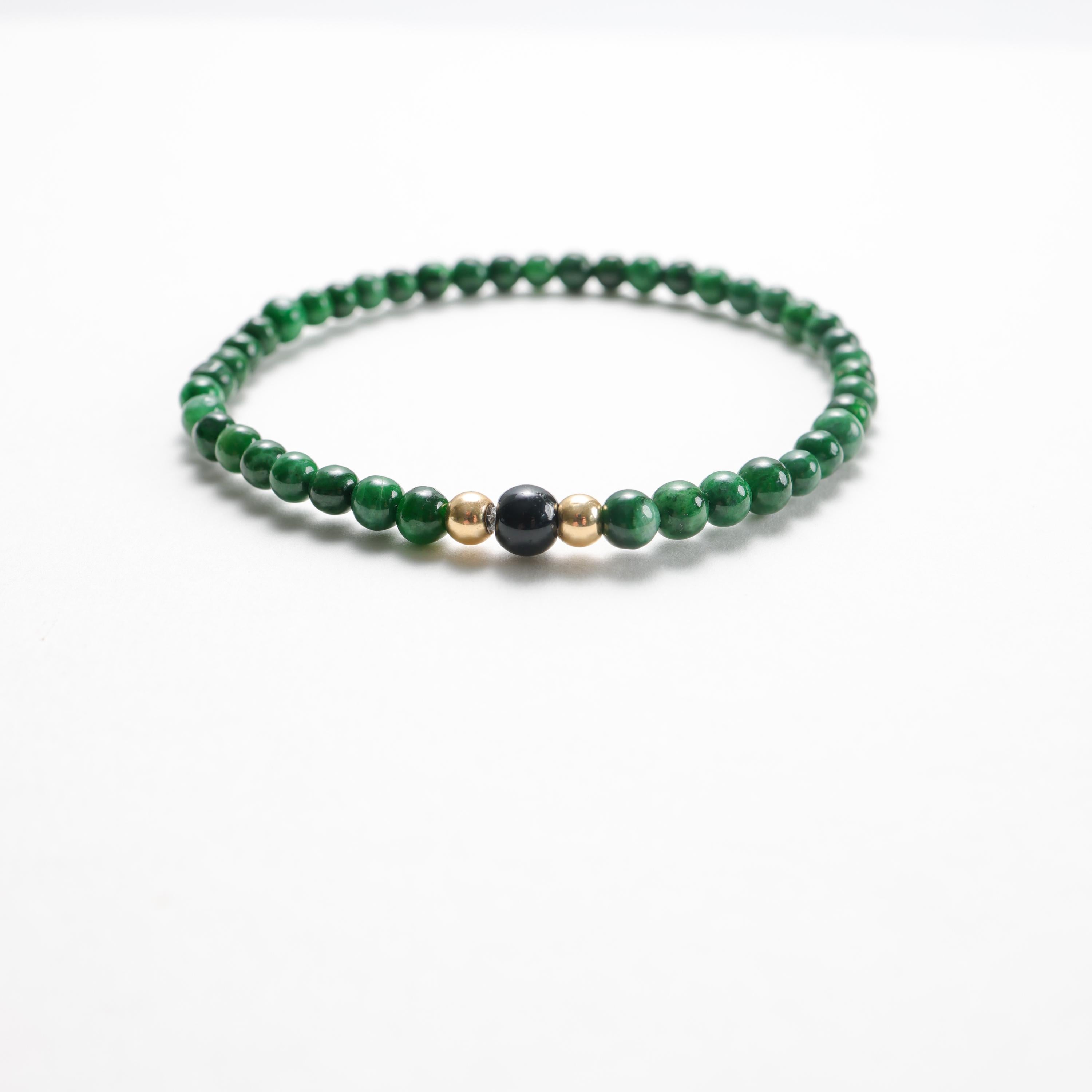 Bead Jadeite Jade Bracelet Emerald Green, Stretch, Certified, 8 Inches For Sale