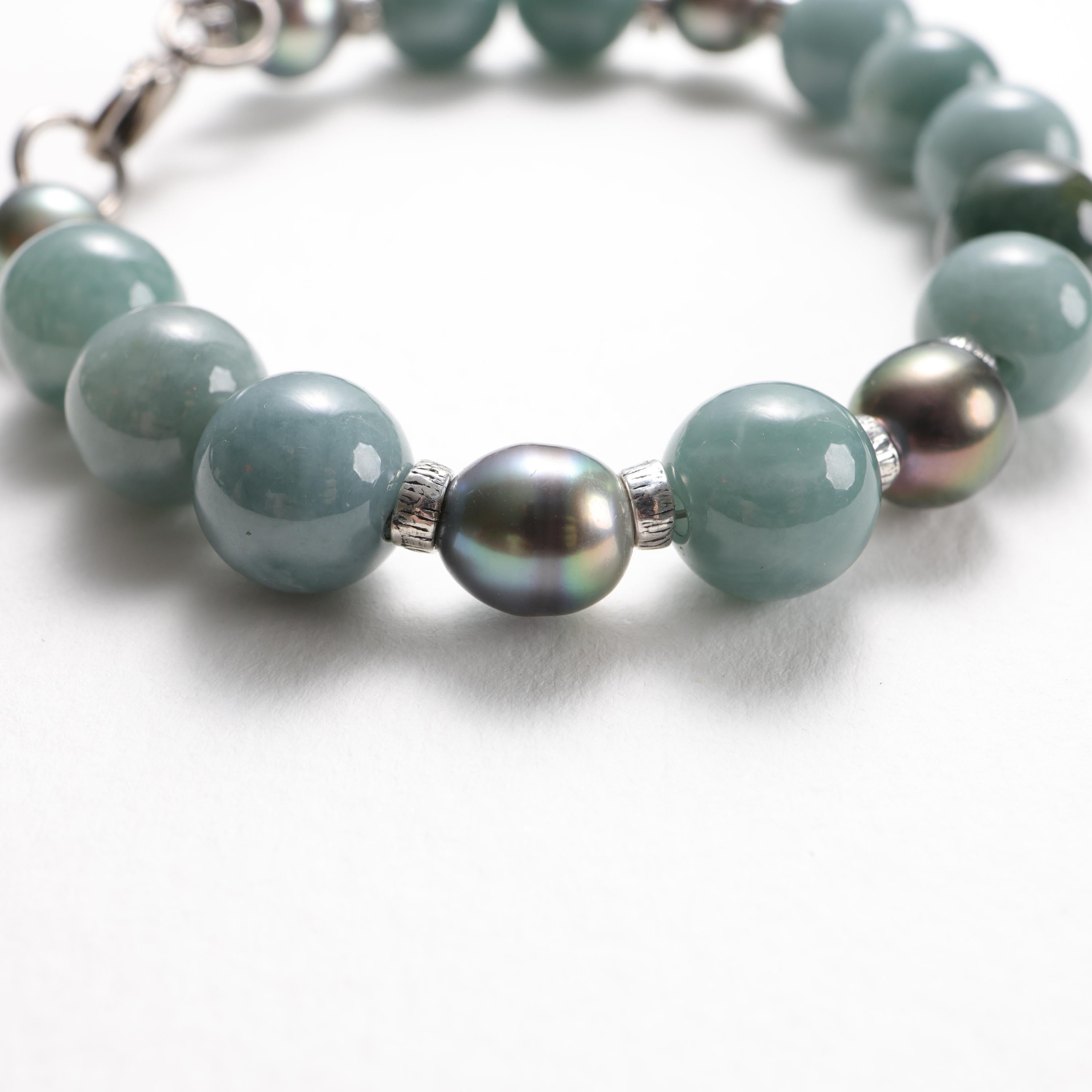 da uomo o donna Bracciale di giada e perla di Tahiti, giadeite del Guatemala, filo e chiusura in titanio in vendita