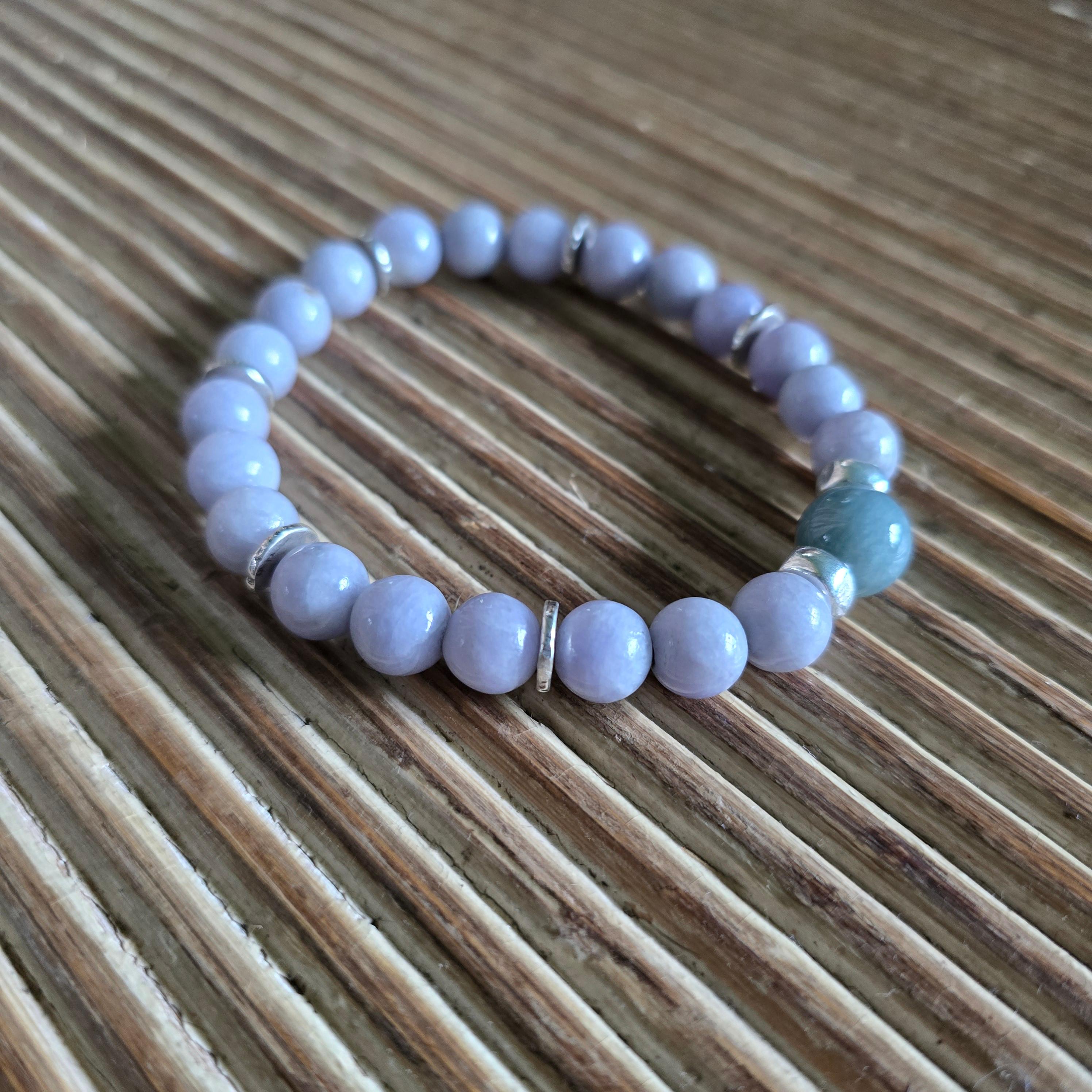 Artisan Lavender Jade Bracelet, Stretch, Guatemala Jadeite, Silver, and Agarwood For Sale