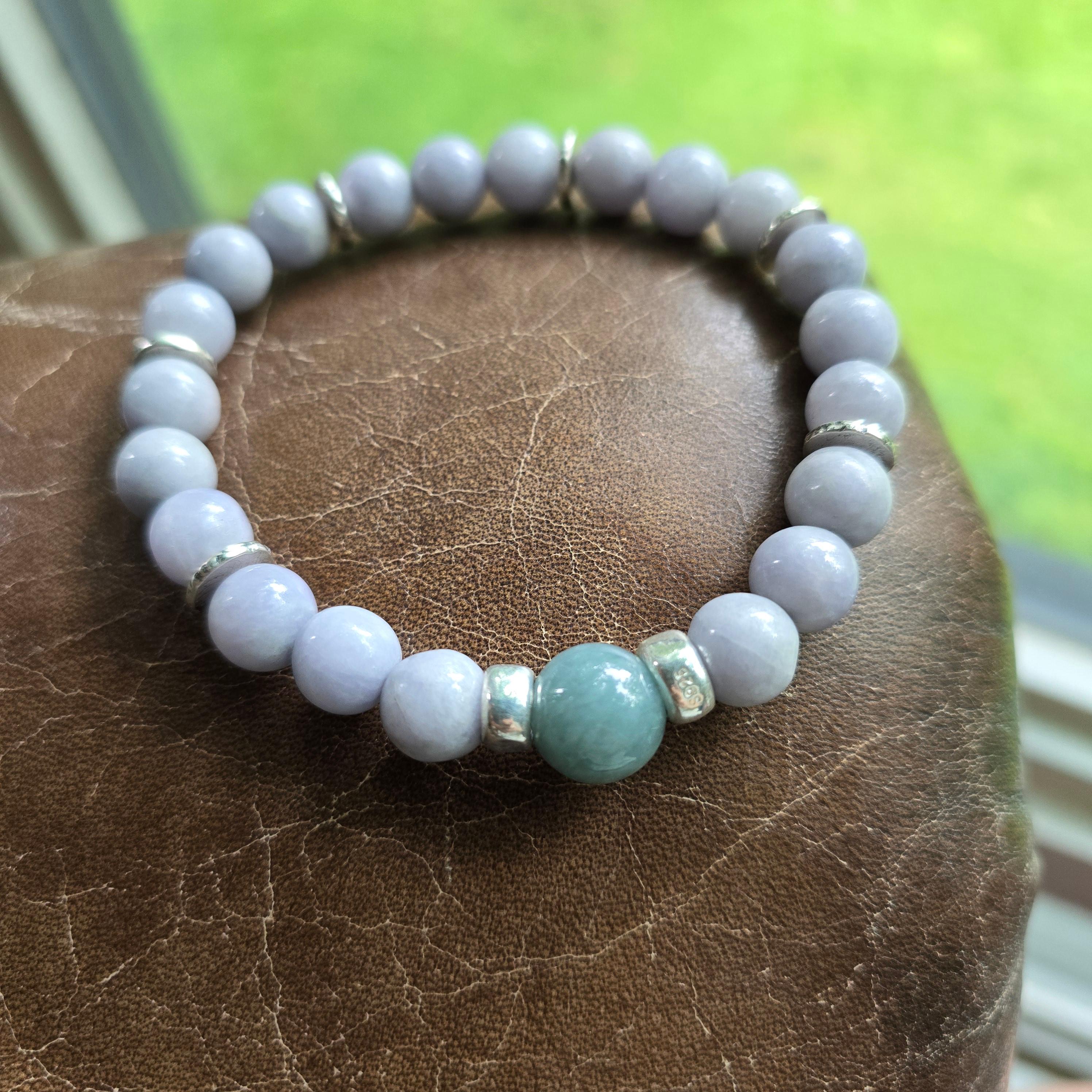 Bead Lavender Jade Bracelet, Stretch, Guatemala Jadeite, Silver, and Agarwood For Sale