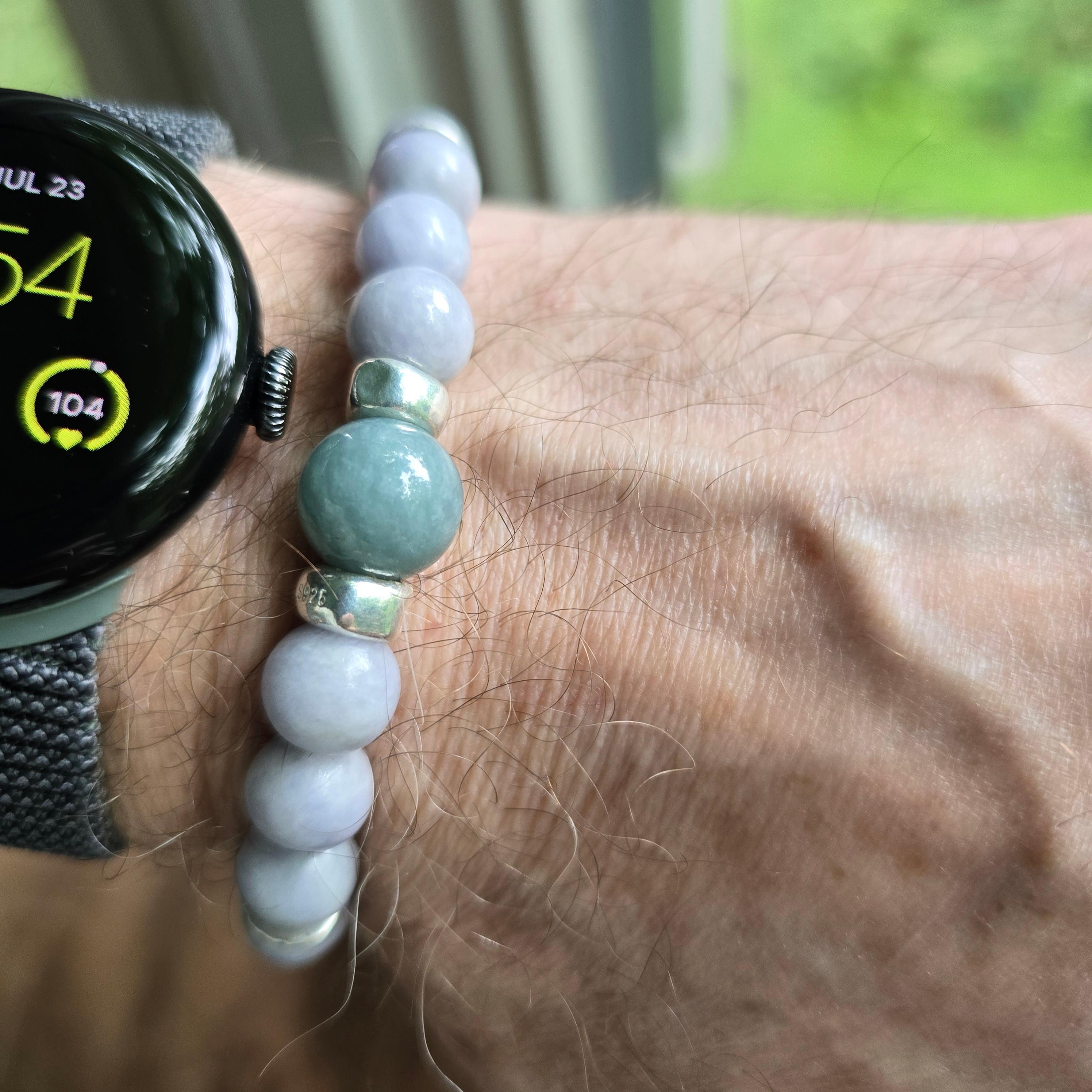 Lavender Jade Bracelet, Stretch, Guatemala Jadeite, Silver, and Agarwood In New Condition For Sale In Southbury, CT