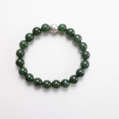 Jade Bracelet Vintage Nephrite Jade & Silver, Stretch, 8"