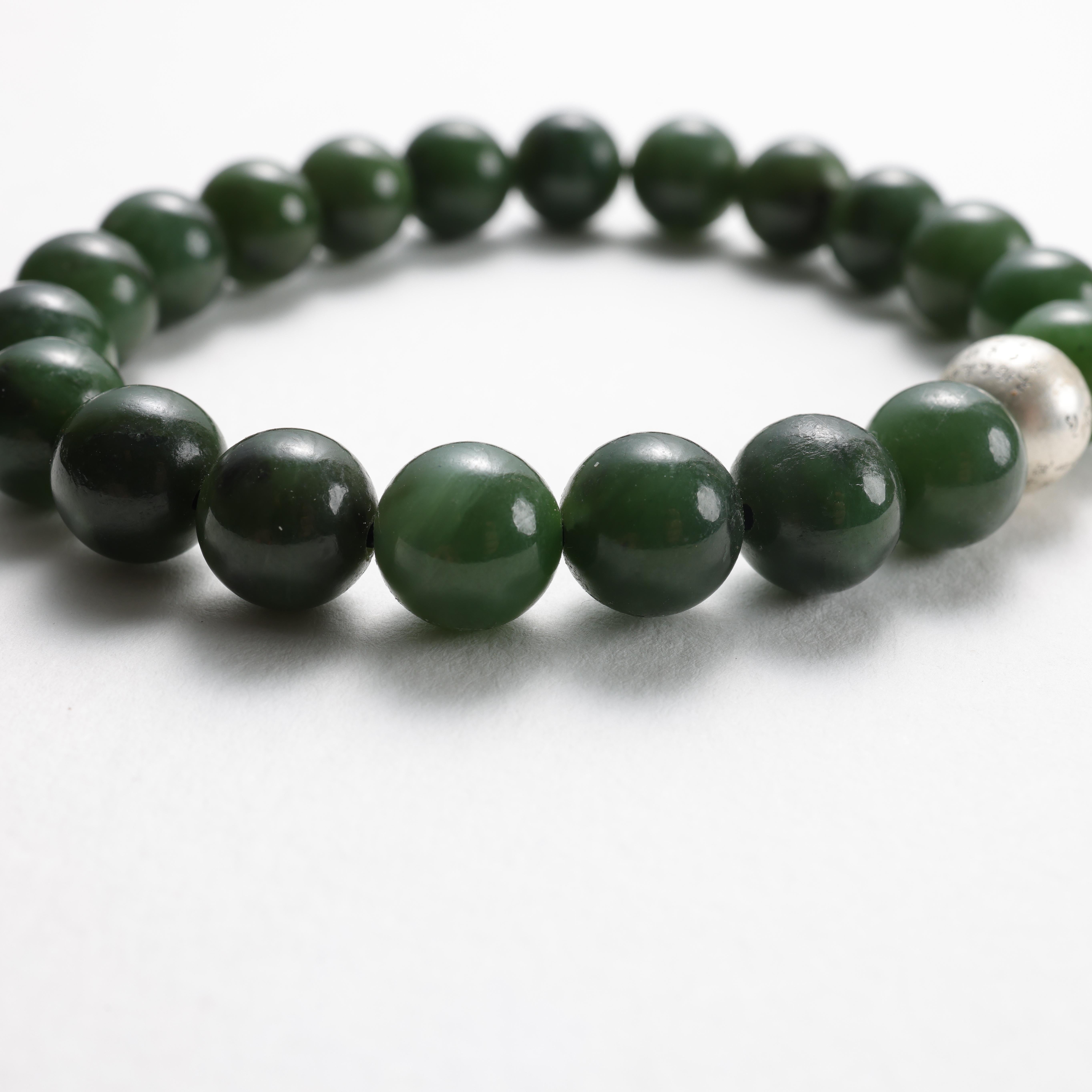 Jade Bracelet Vintage Nephrite Jade & Silver, Stretch, 8